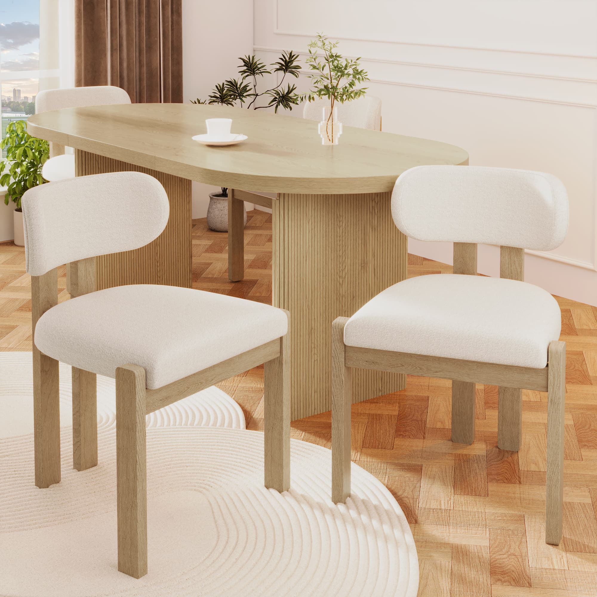 Set of 4 Solid Wood Dining Chairs in Natural Boucle