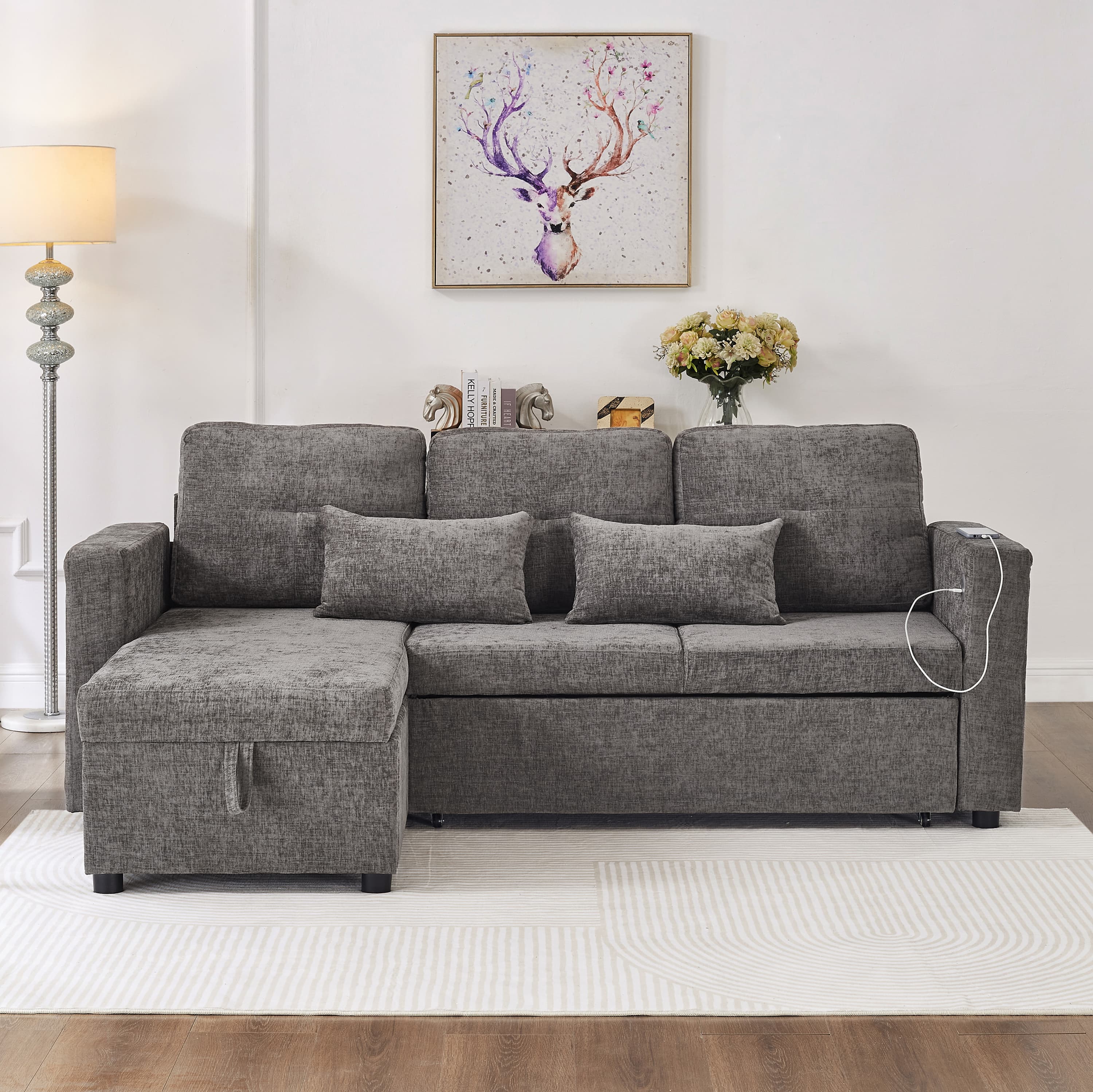 Grey Chenille Corner Sofa Bed with Storage and Integrated USB Charging - image 1