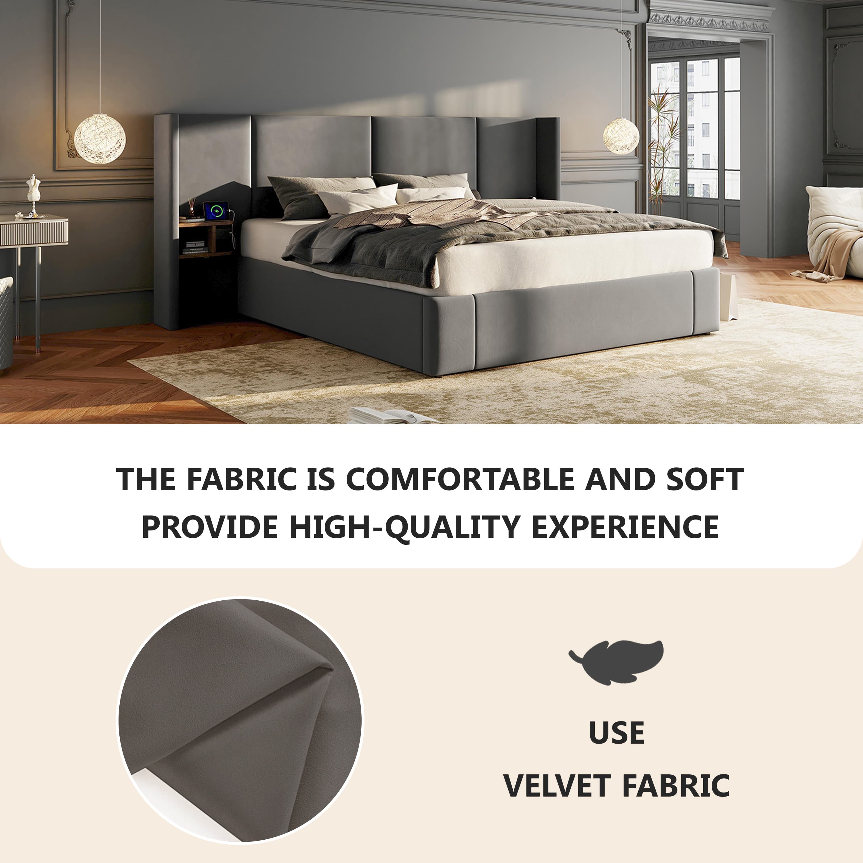 Upholstered King Size Ottoman Bed in Grey Velvet with USB Ports & Sockets - image 2