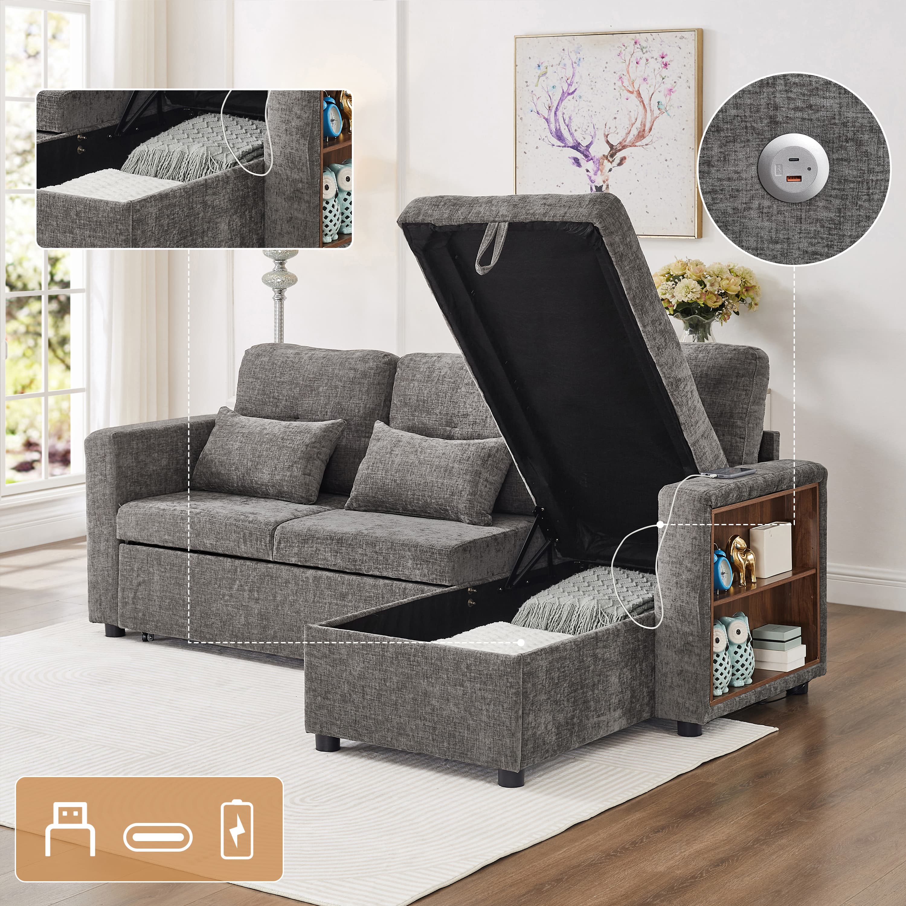 Grey Chenille Corner Sofa Bed with Storage and Integrated USB Charging - Grey