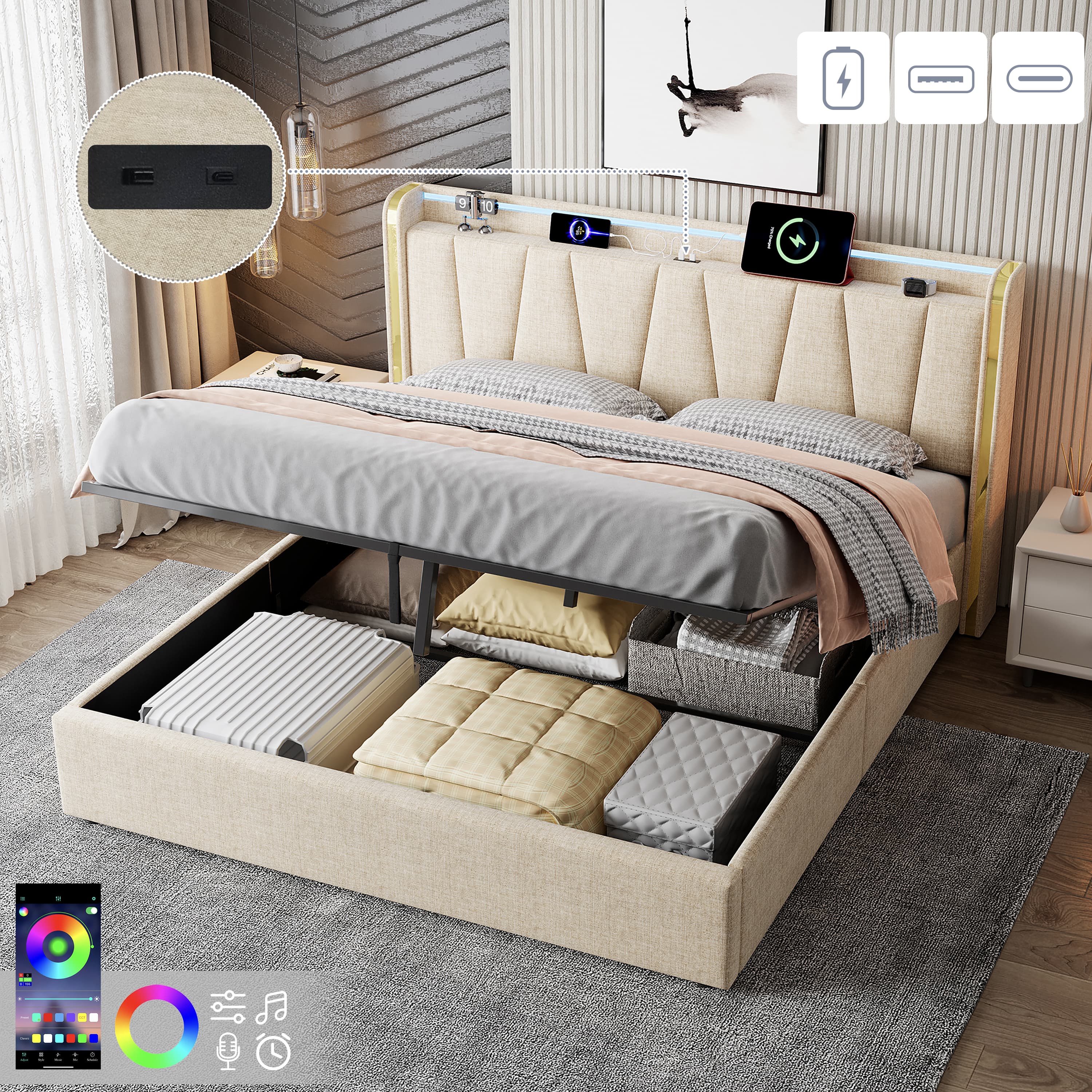 Upholstered King Size Ottoman Bed with Hydraulic Storage, LED & USB Ports