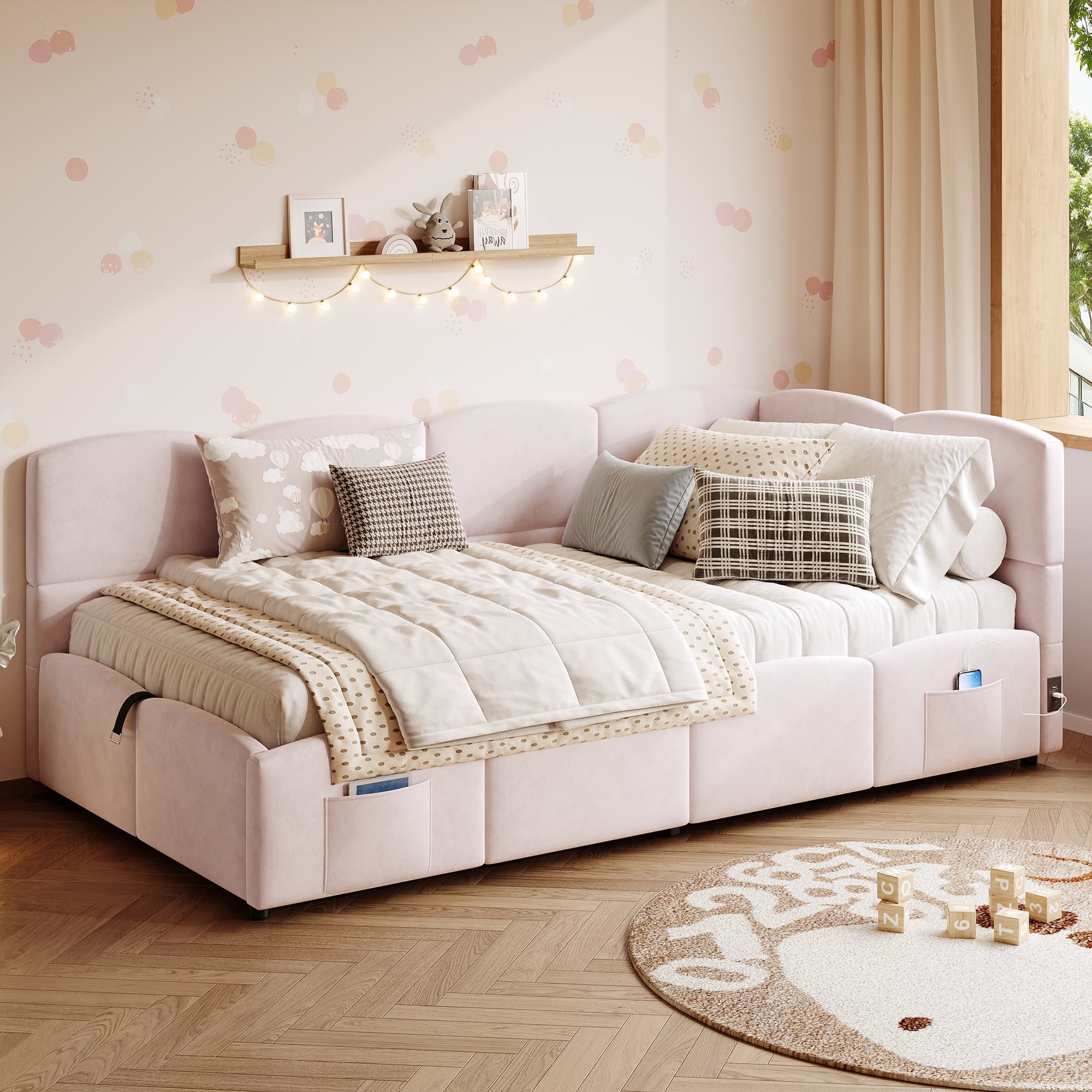 Chic Pink Velvet Daybed with Smart Storage & USB Charging - image 2