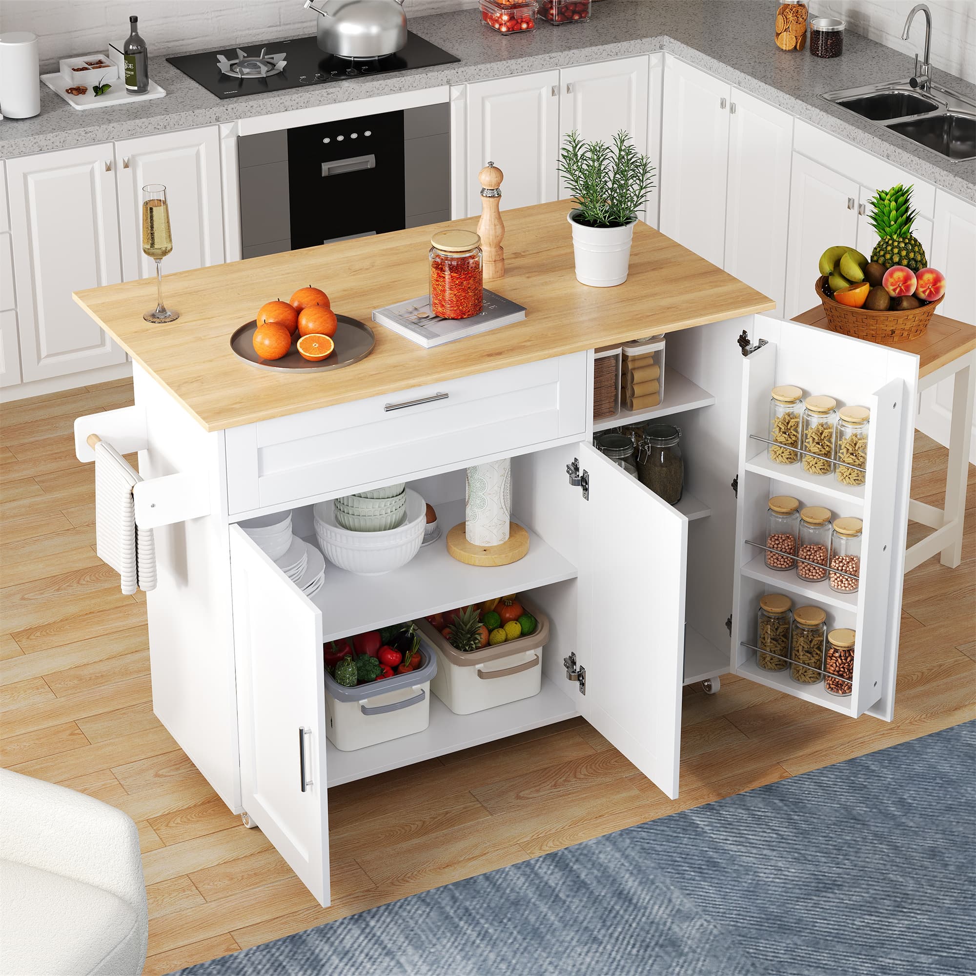 Rolling Kitchen Island Cart with Drop-Leaf Top & Storage