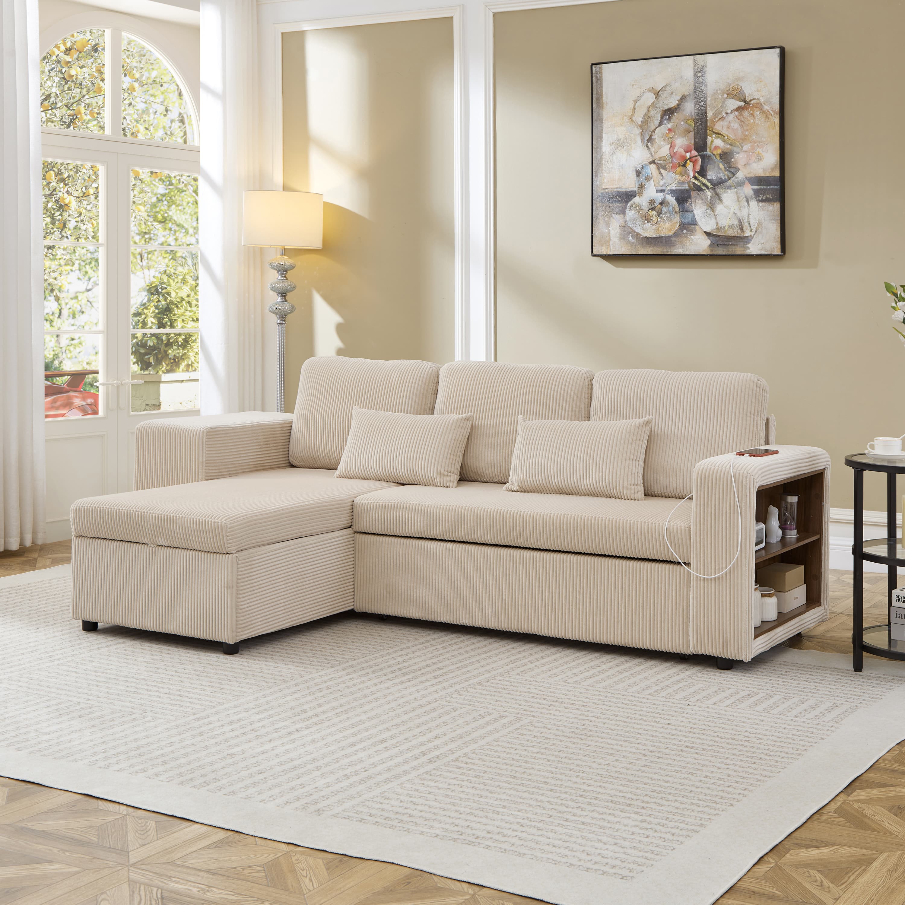 Modern 3-in-1 Convertible L-Shaped Sofa Bed in Beige Corduroy - image 2