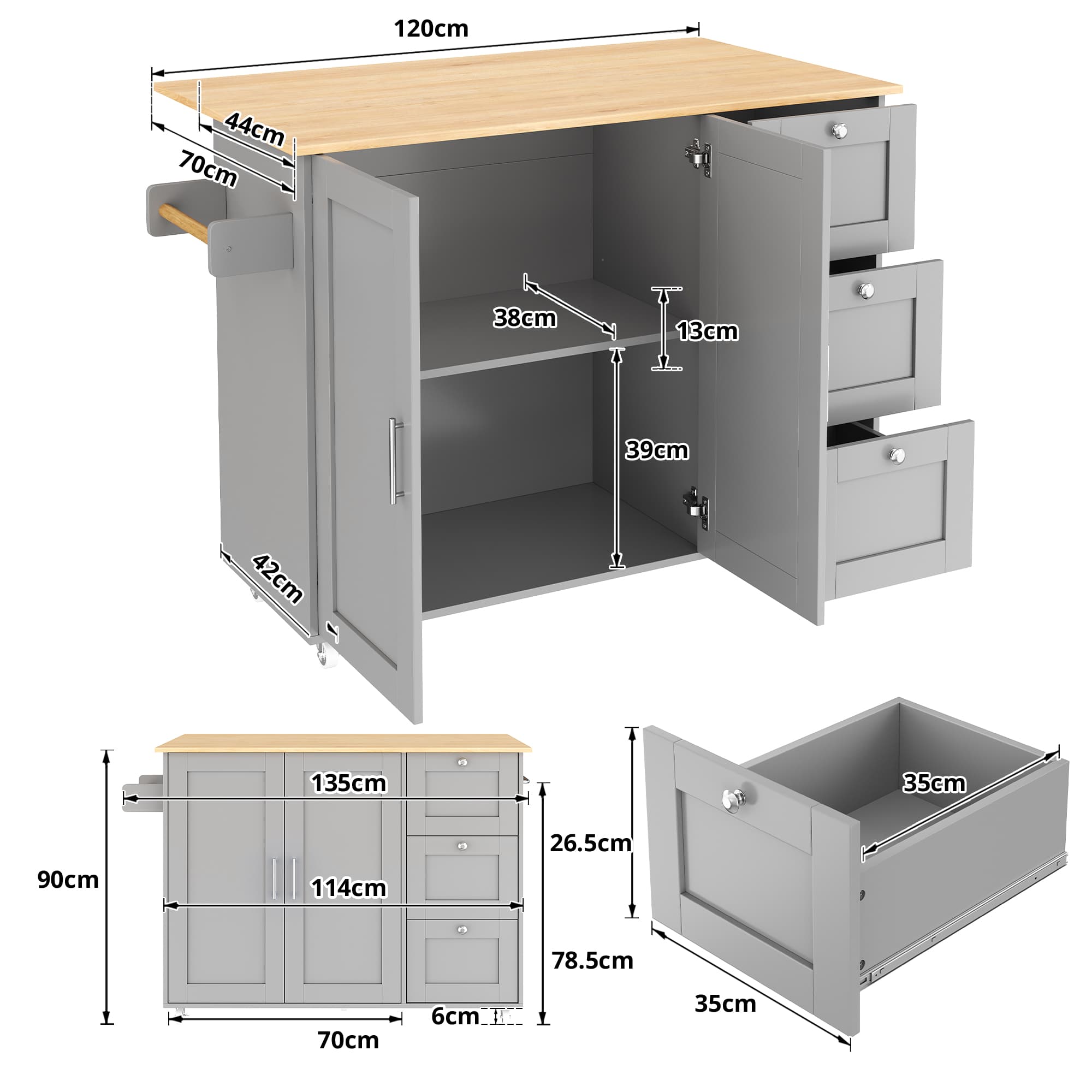 Grey Kitchen Island on Wheels with Drop-Leaf Top & Storage - image 4