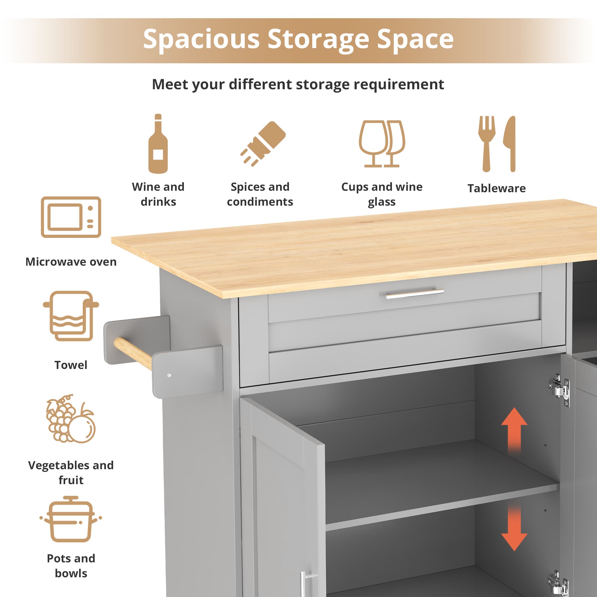 Grey Mobile Kitchen Island with Foldable Oak-Effect Countertop - image 1
