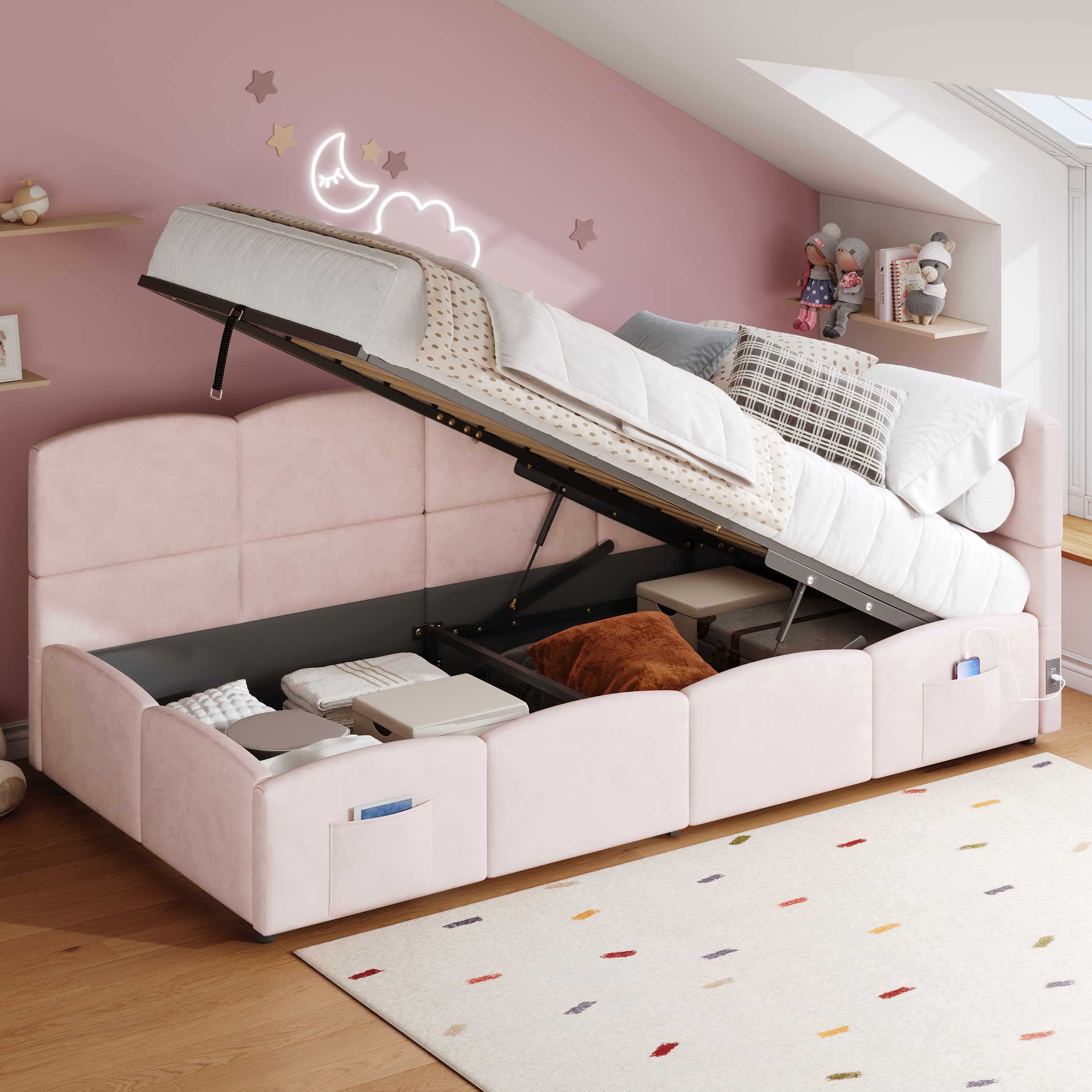 Chic Pink Velvet Daybed with Smart Storage & USB Charging - image 4