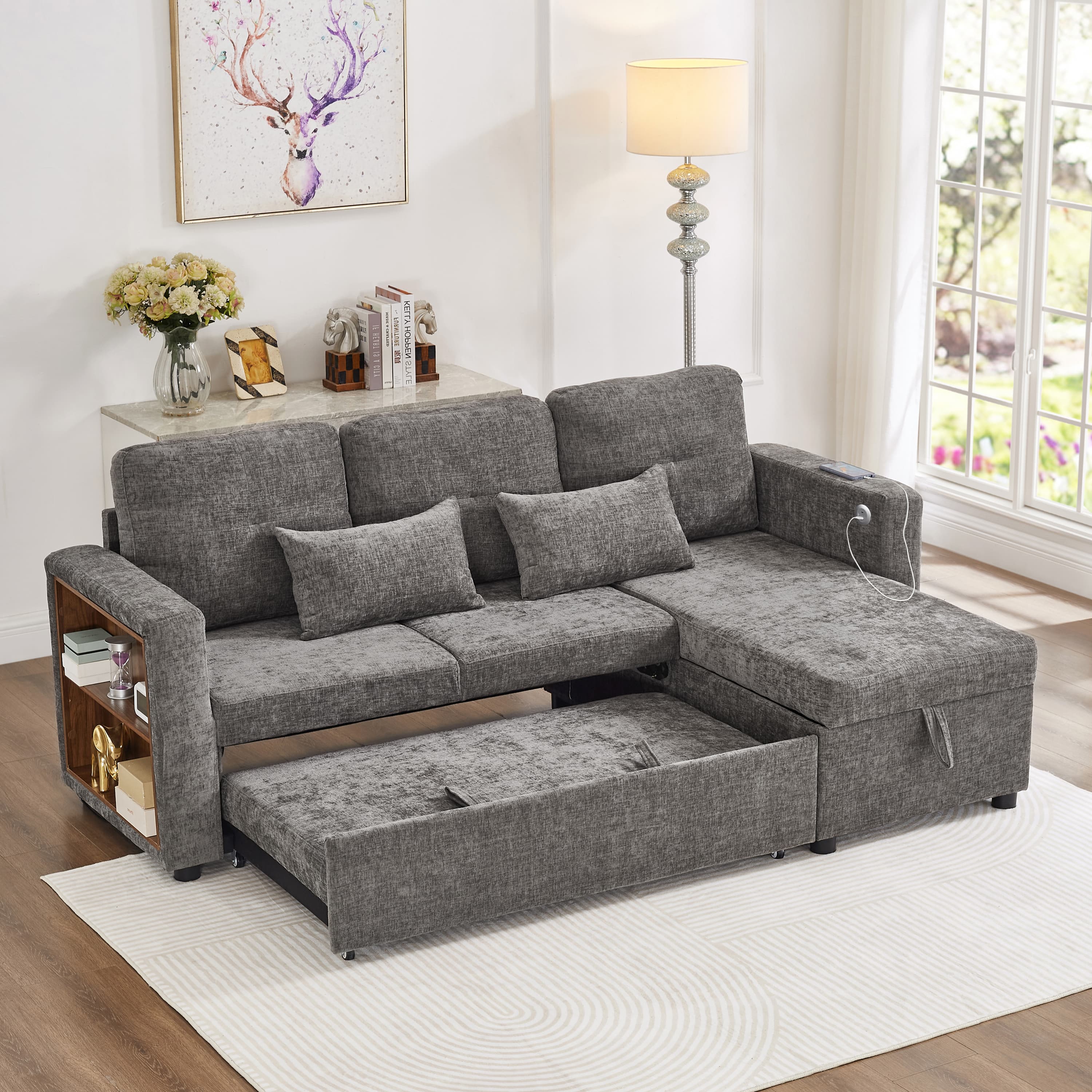 Grey Chenille Corner Sofa Bed with Storage and Integrated USB Charging - image 4
