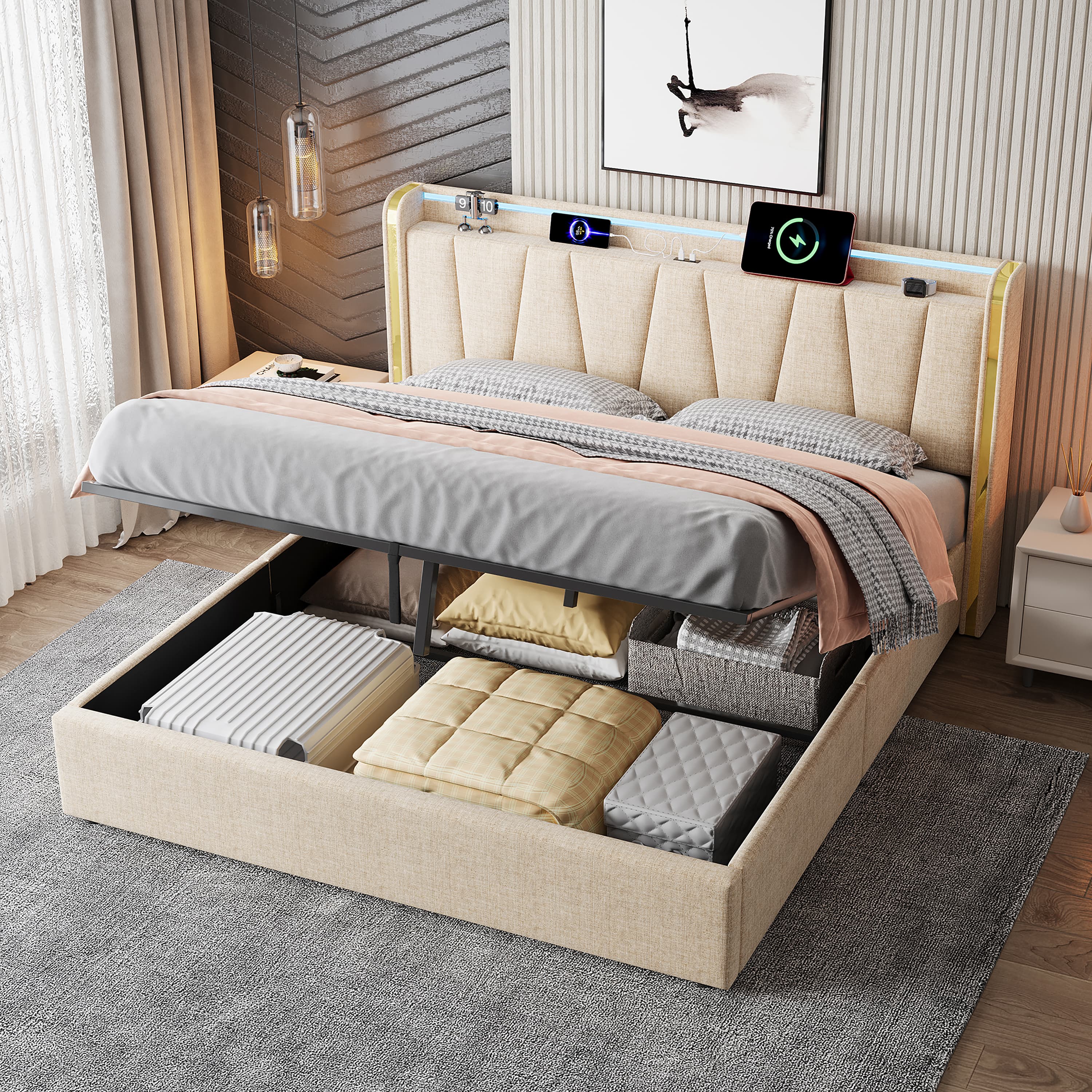 Upholstered King Size Ottoman Bed with Hydraulic Storage, LED & USB Ports - image 5