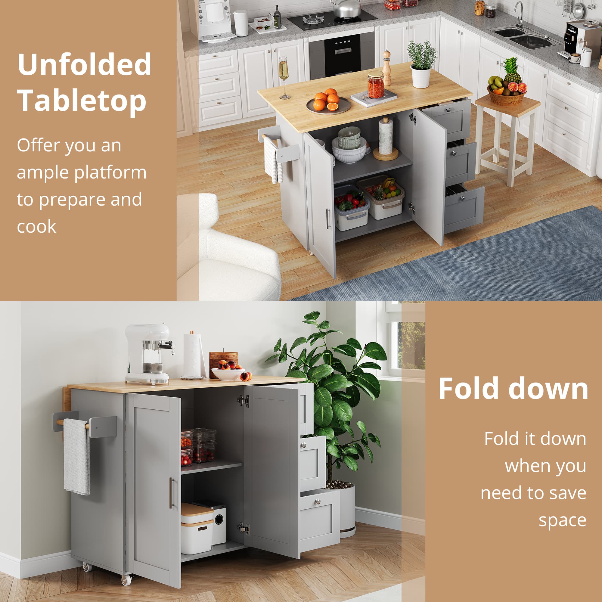 Grey Kitchen Island on Wheels with Drop-Leaf Top & Storage - image 3