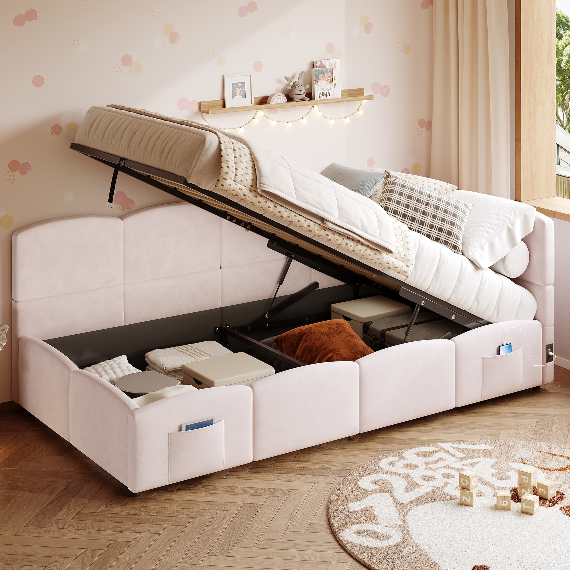 Chic Pink Velvet Daybed with Smart Storage & USB Charging - image 5
