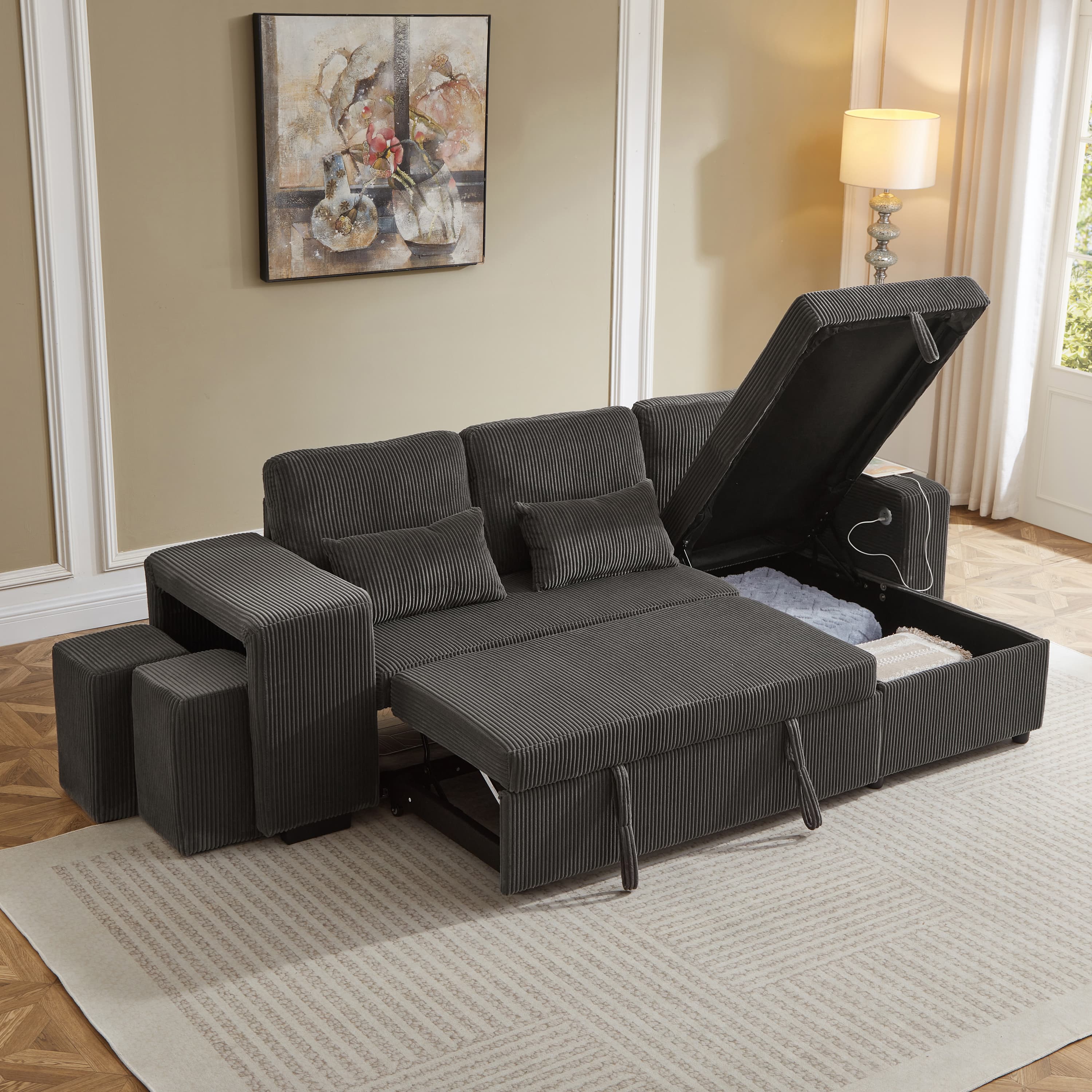 Modern Convertible L-Shaped Sofa Bed with Storage Chaise - image 2