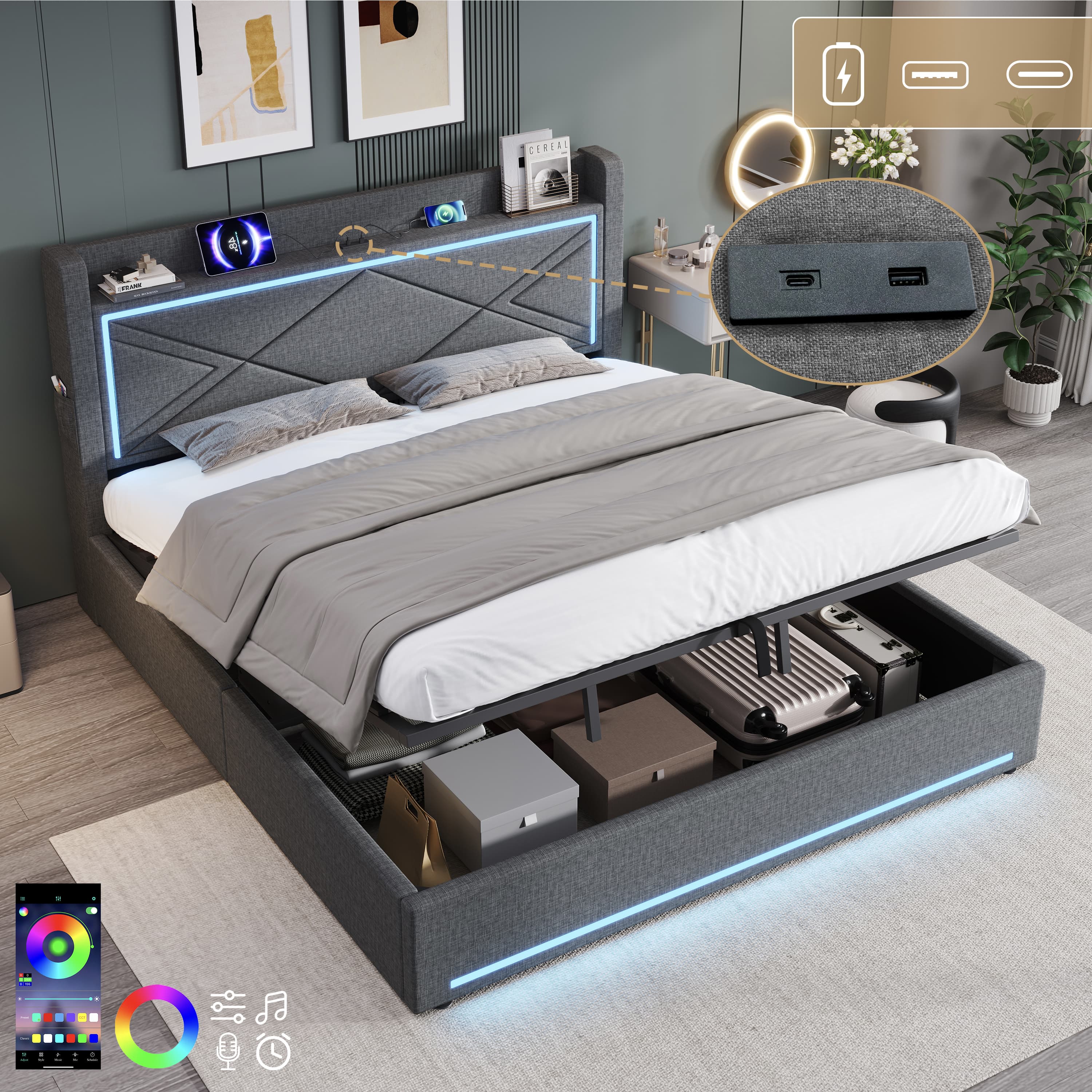 Upholstered Super King Ottoman Bed with LED Lighting & USB Charging - Grey