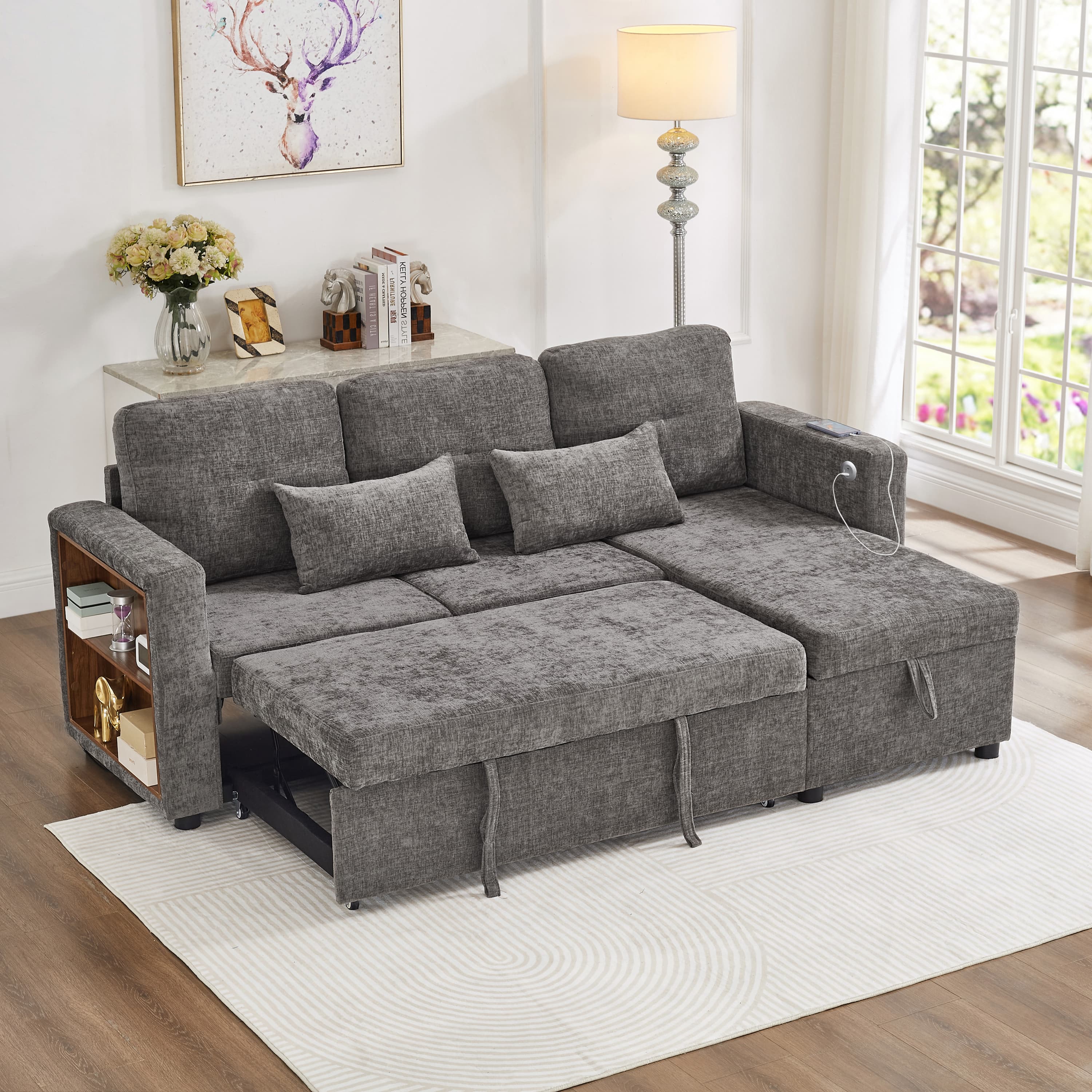 Grey Chenille Corner Sofa Bed with Storage and Integrated USB Charging - image 3