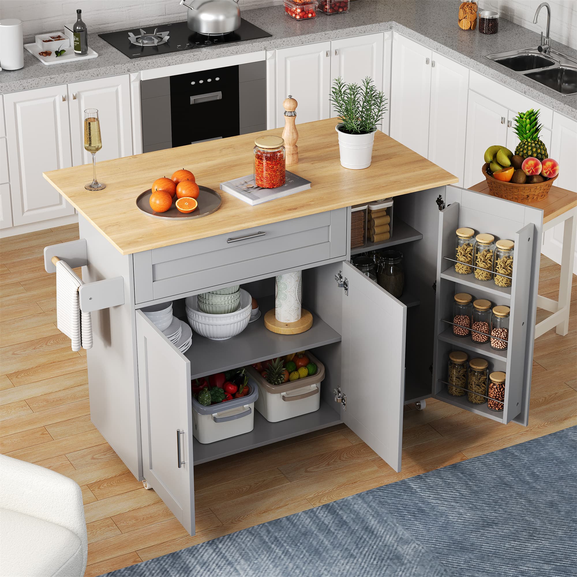 Grey Mobile Kitchen Island with Foldable Oak-Effect Countertop
