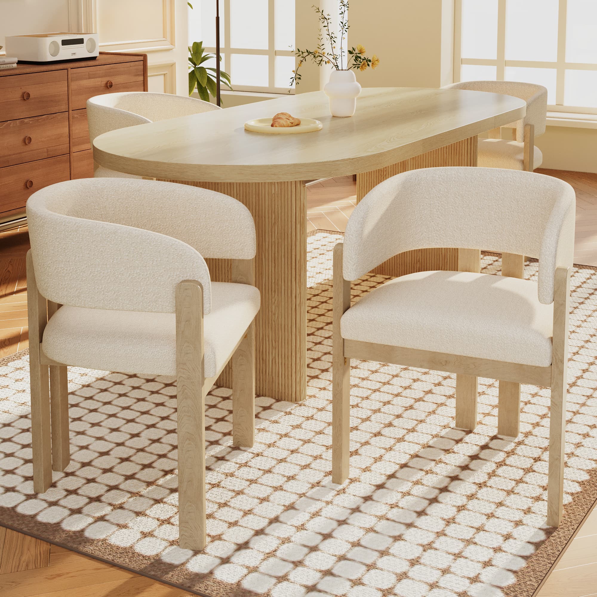 Set of 4 Solid Wood & Boucle Upholstered Dining Chairs - Natural