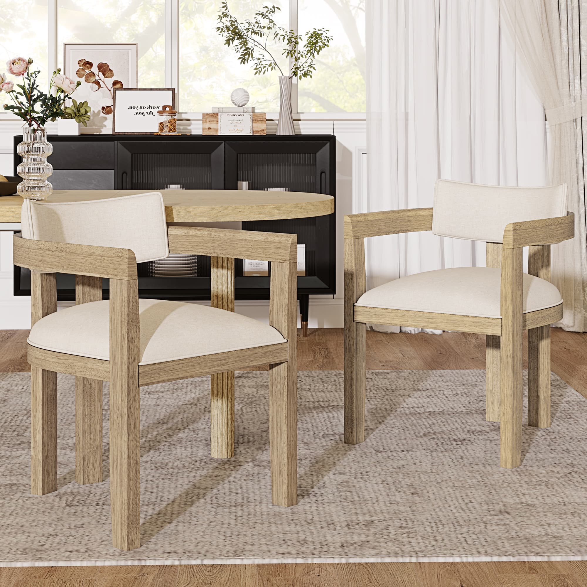 Set of 6 Solid Wood & Linen Carver Dining Chairs - image 4