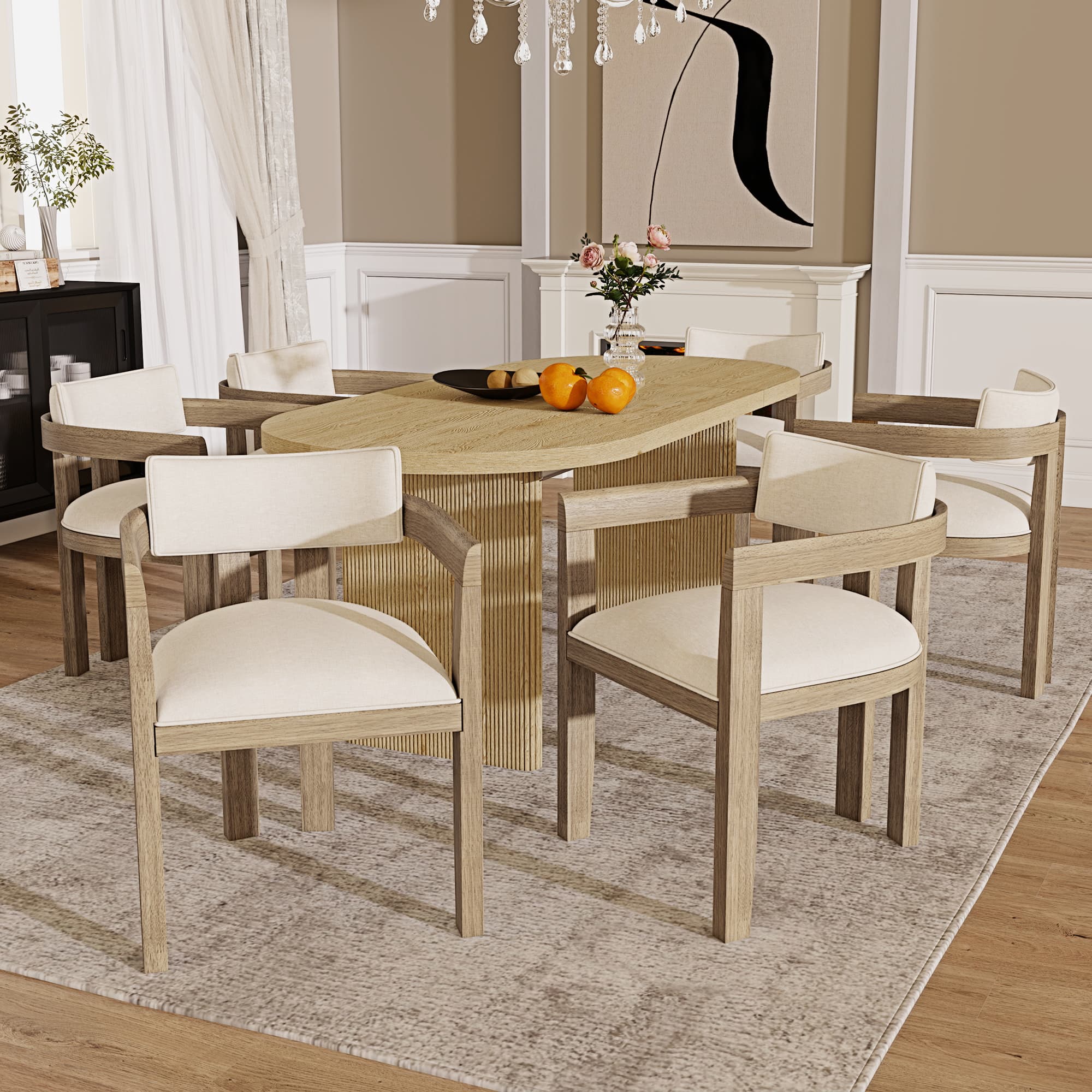 Set of 6 Solid Wood & Linen Carver Dining Chairs - Natural