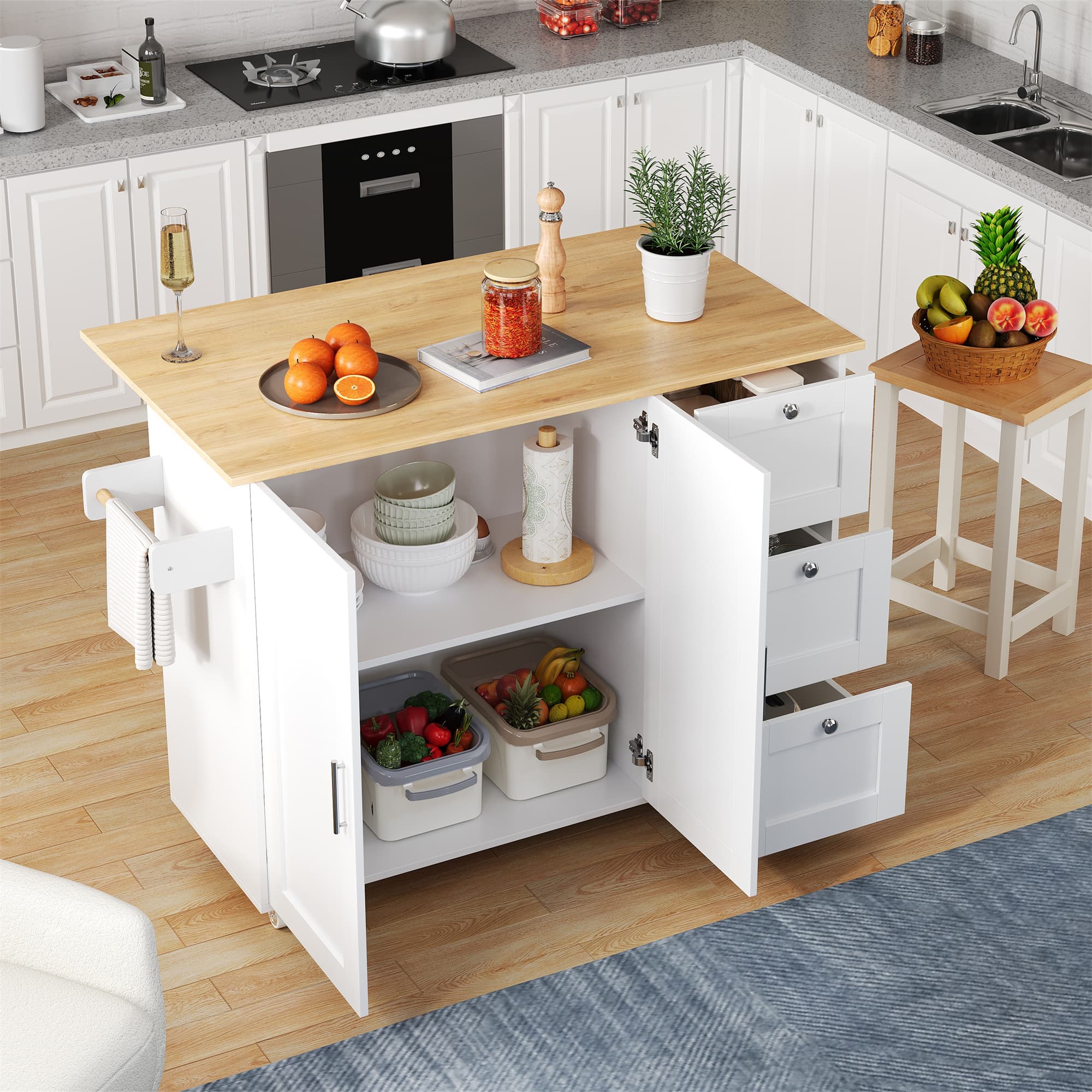 Versatile Kitchen Island on Wheels with Foldable Worktop