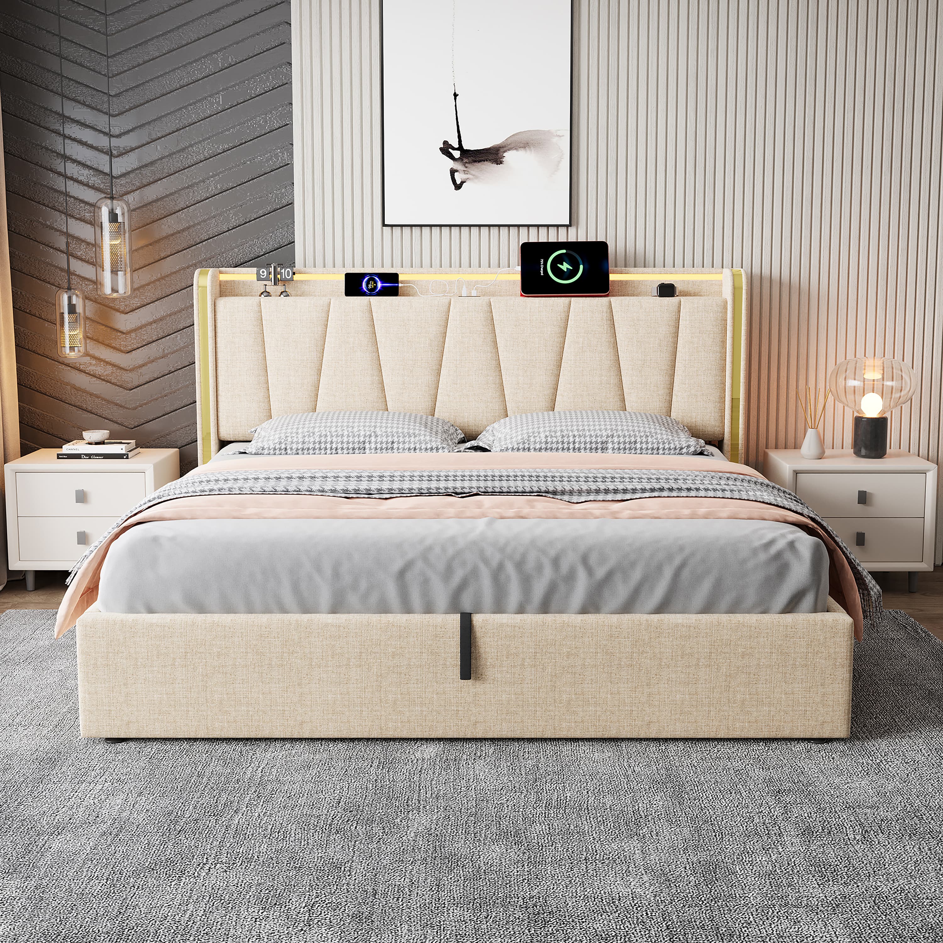 Upholstered King Size Ottoman Bed with Hydraulic Storage, LED & USB Ports - image 1