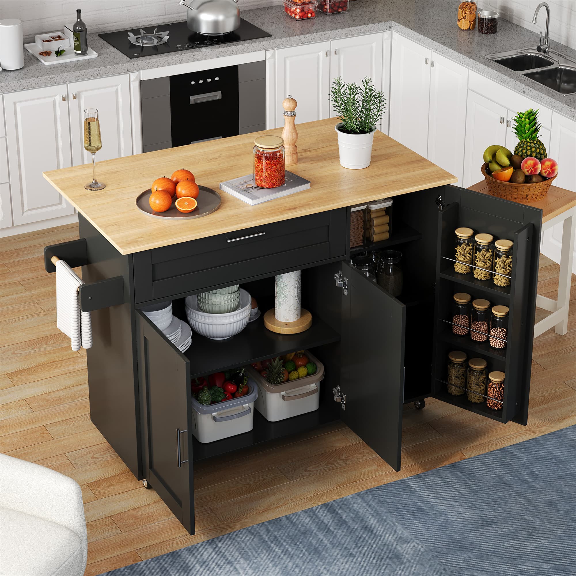 Mobile Kitchen Island Trolley with Extendable Countertop