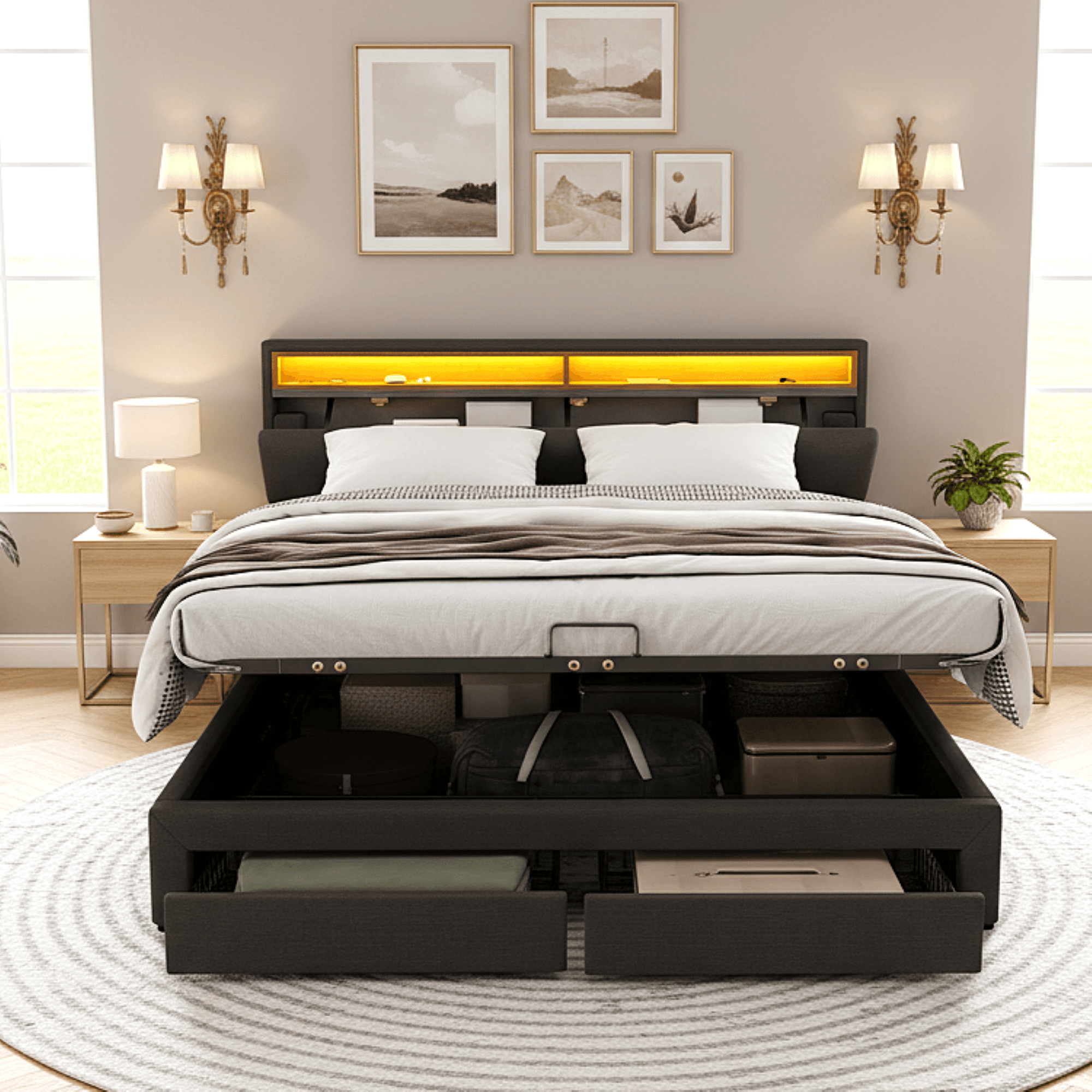 Upholstered Double Ottoman Bed with LED Lighting and Storage Drawers (4ft6) - image 5