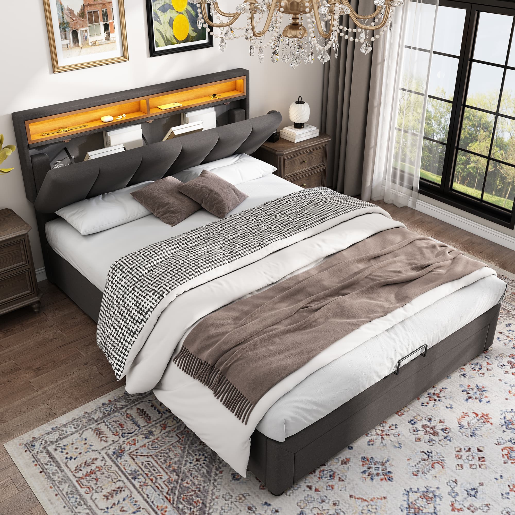 Upholstered Double Ottoman Bed with LED Lighting and Storage Drawers (4ft6) - image 4