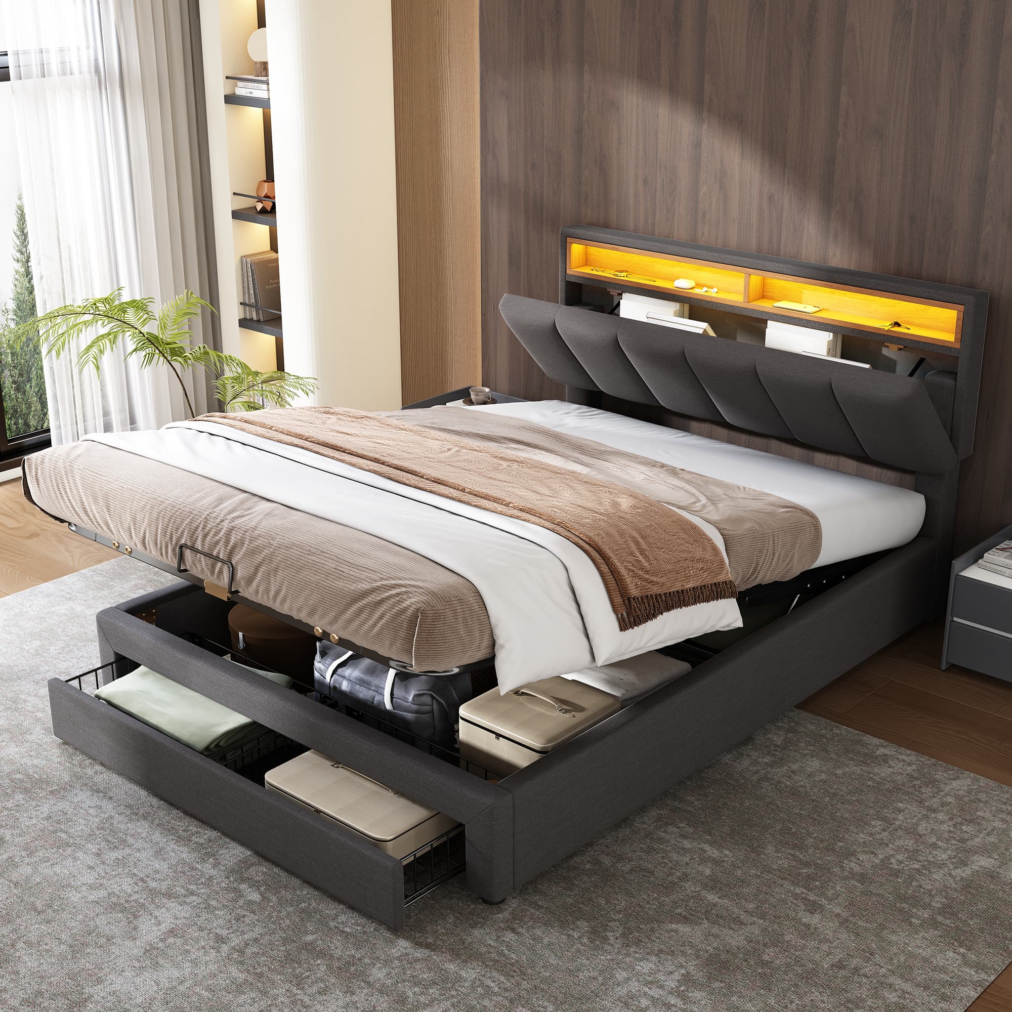 Upholstered Double Ottoman Bed with LED Lighting and Storage Drawers (4ft6) - image 2