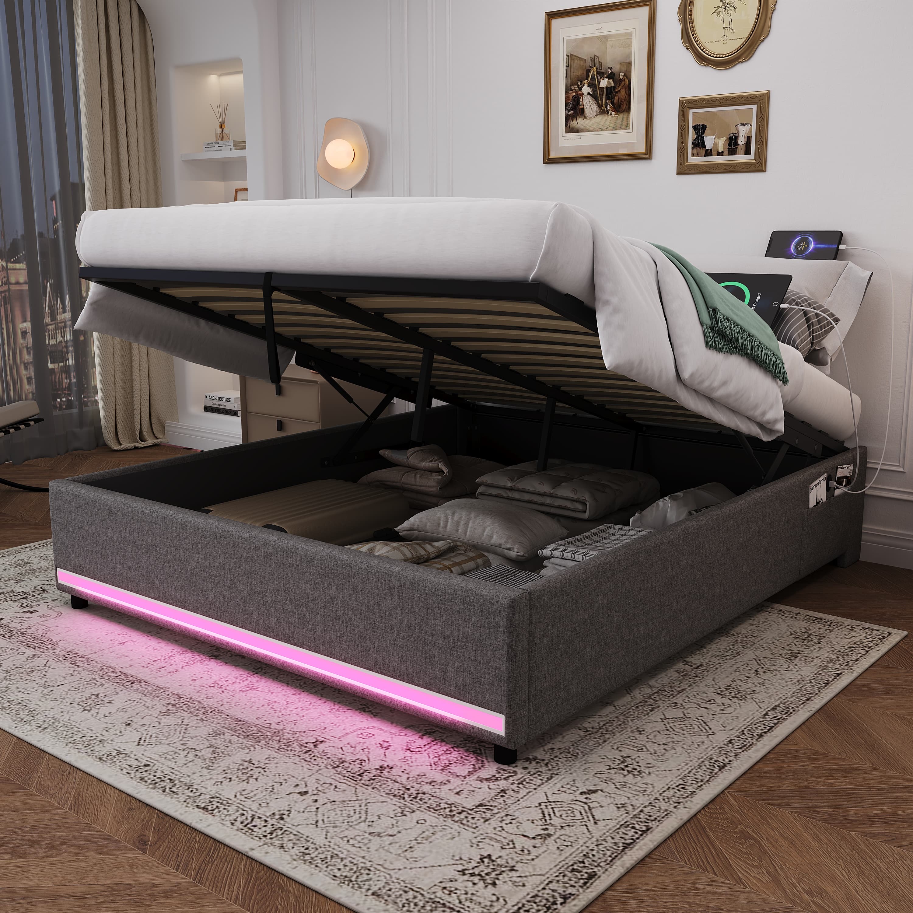 Modern Double Bed Frame with Hydraulic Storage, LEDs & USB - image 1
