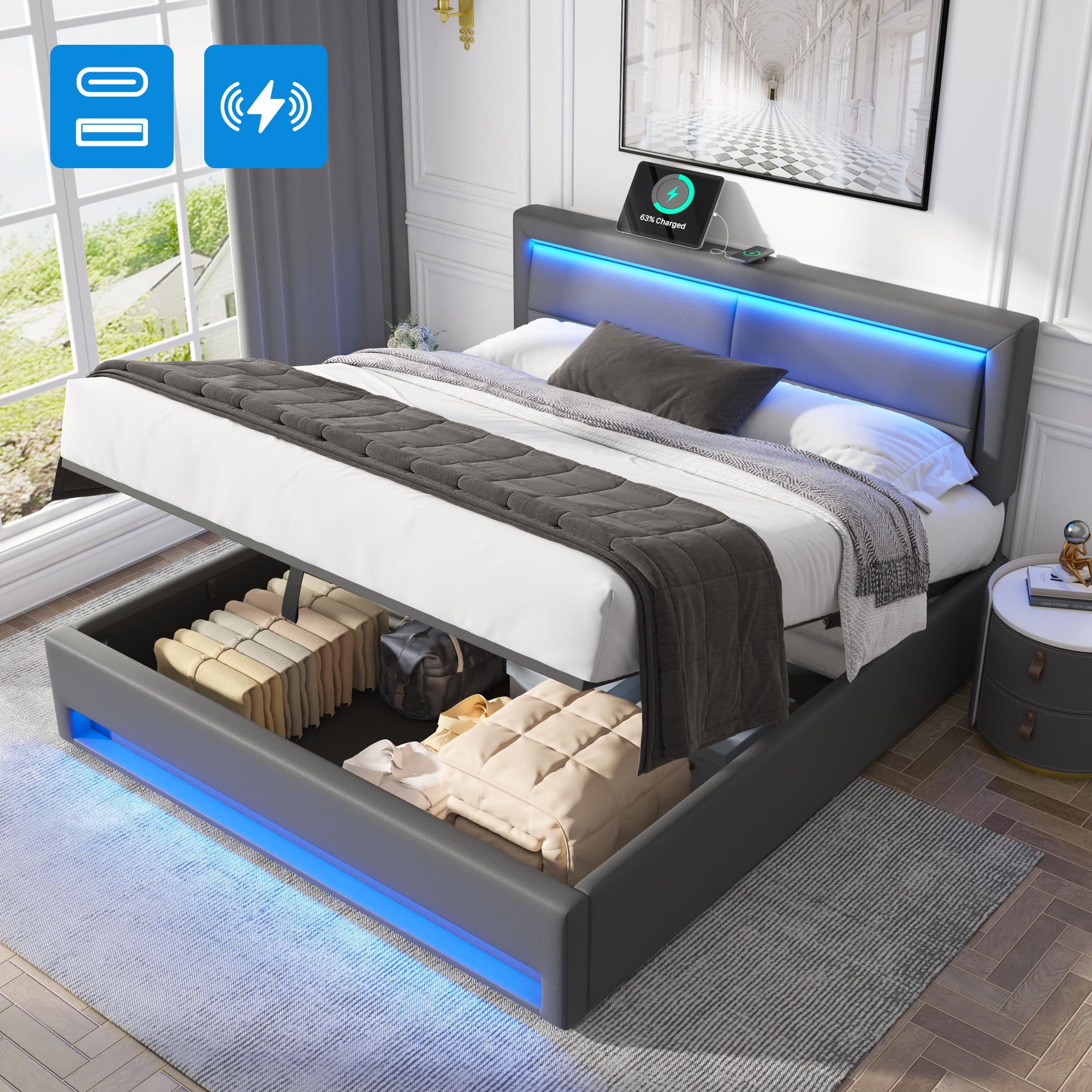 Modern Super King (6ft) Ottoman Bed with LED Lights & USB Charging - Grey