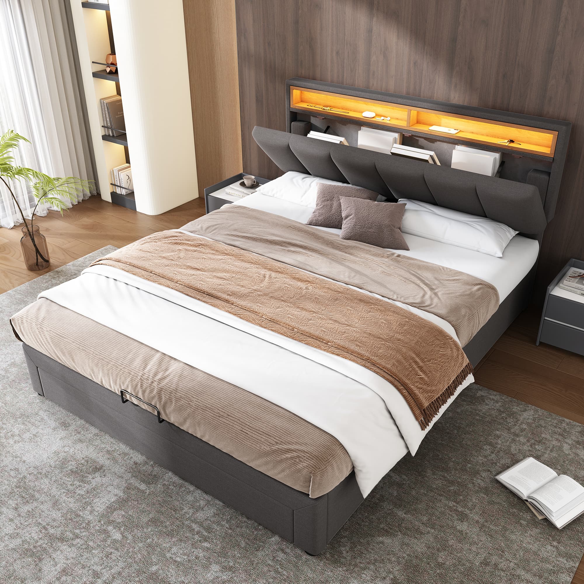 Upholstered Double Ottoman Bed with LED Lighting and Storage Drawers (4ft6) - image 1