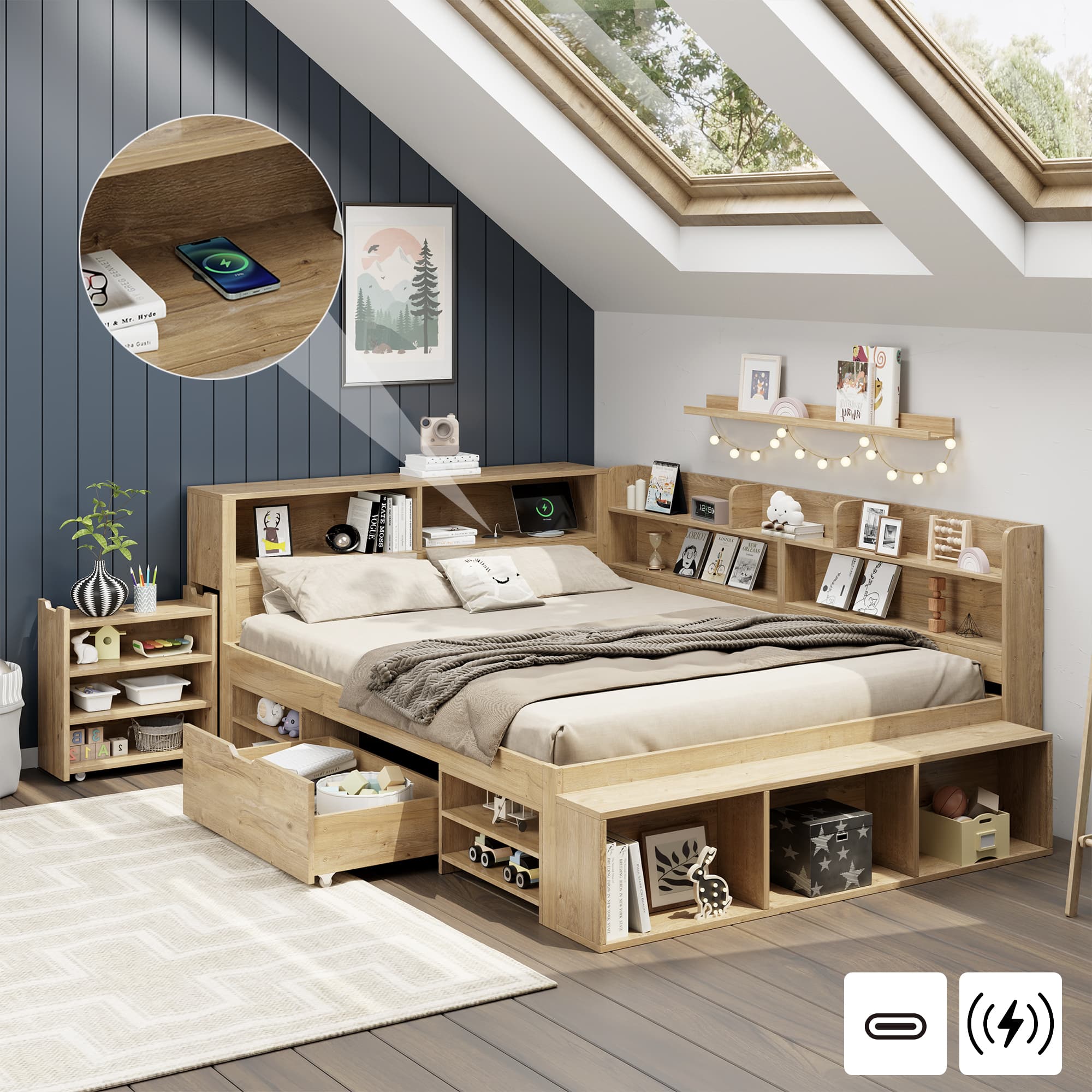 Children's Double Bed with Integrated Storage, Drawers & Shelves