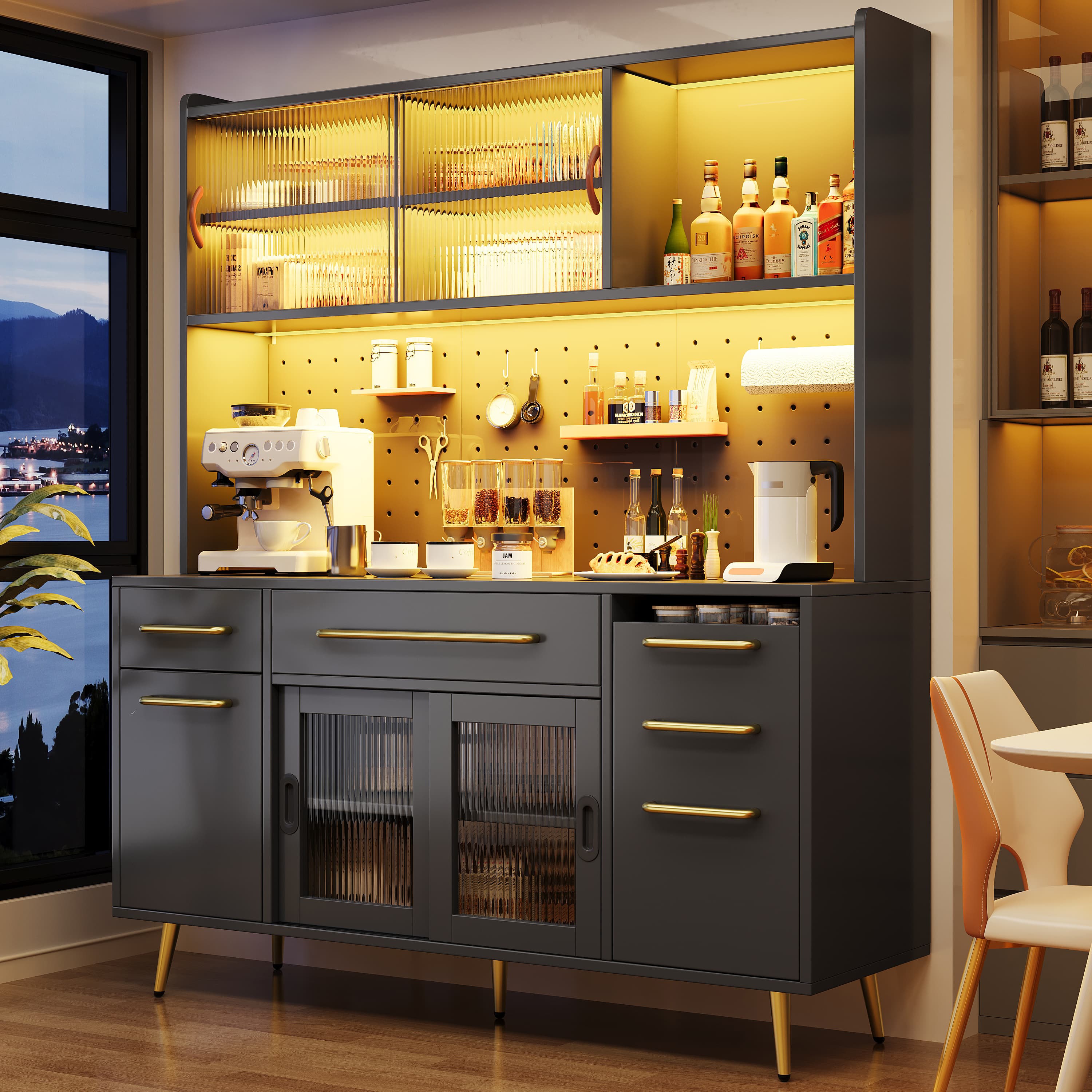 Black Highboard Cabinet with LED Lights, Drawer & Glass Shelves - image 5