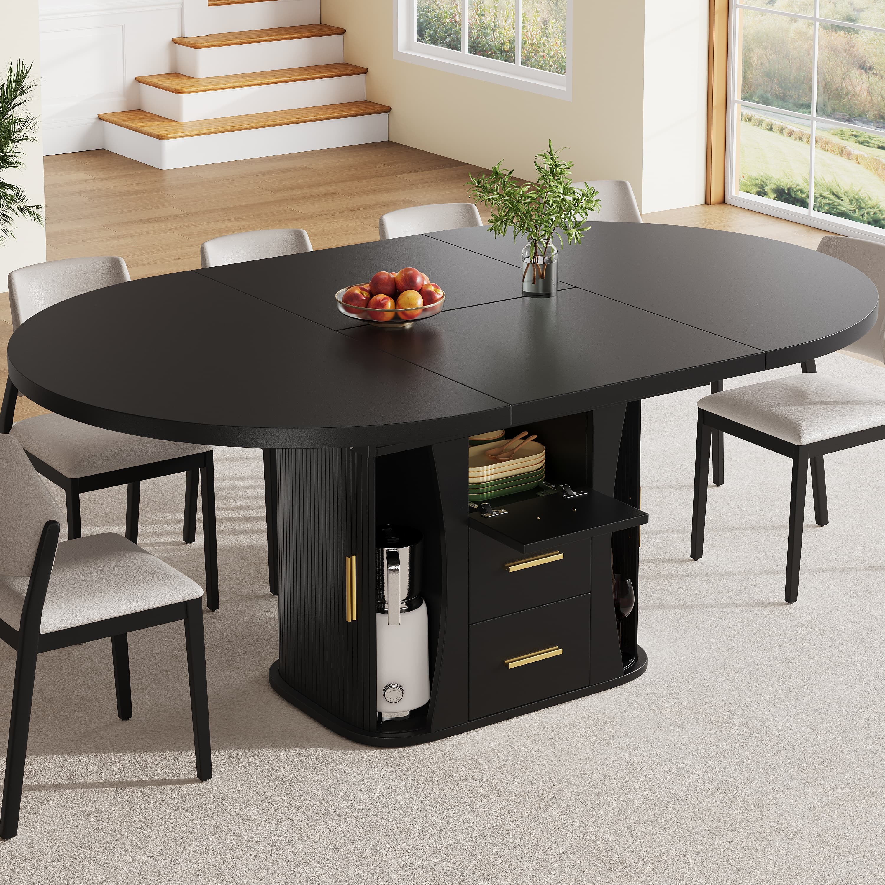 Extendable Round to Oval Black Dining Table for 6 People - image 4