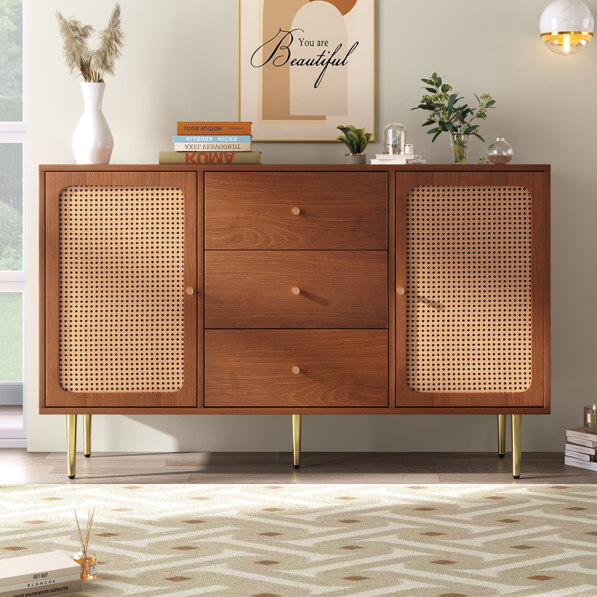 Walnut & Rattan Sideboard with Gold-Tone Handles - image 4