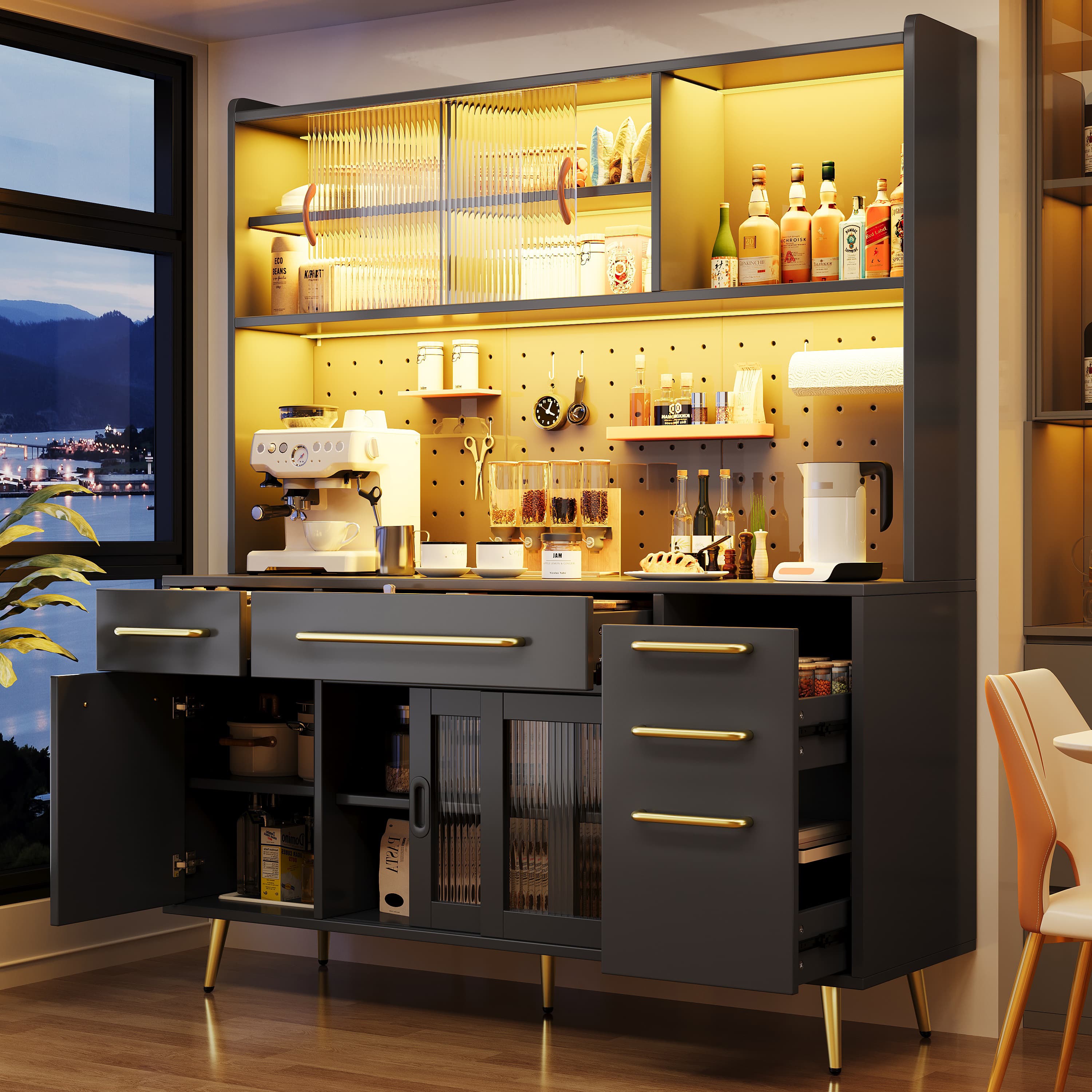 Black Highboard Cabinet with LED Lights, Drawer & Glass Shelves - image 3