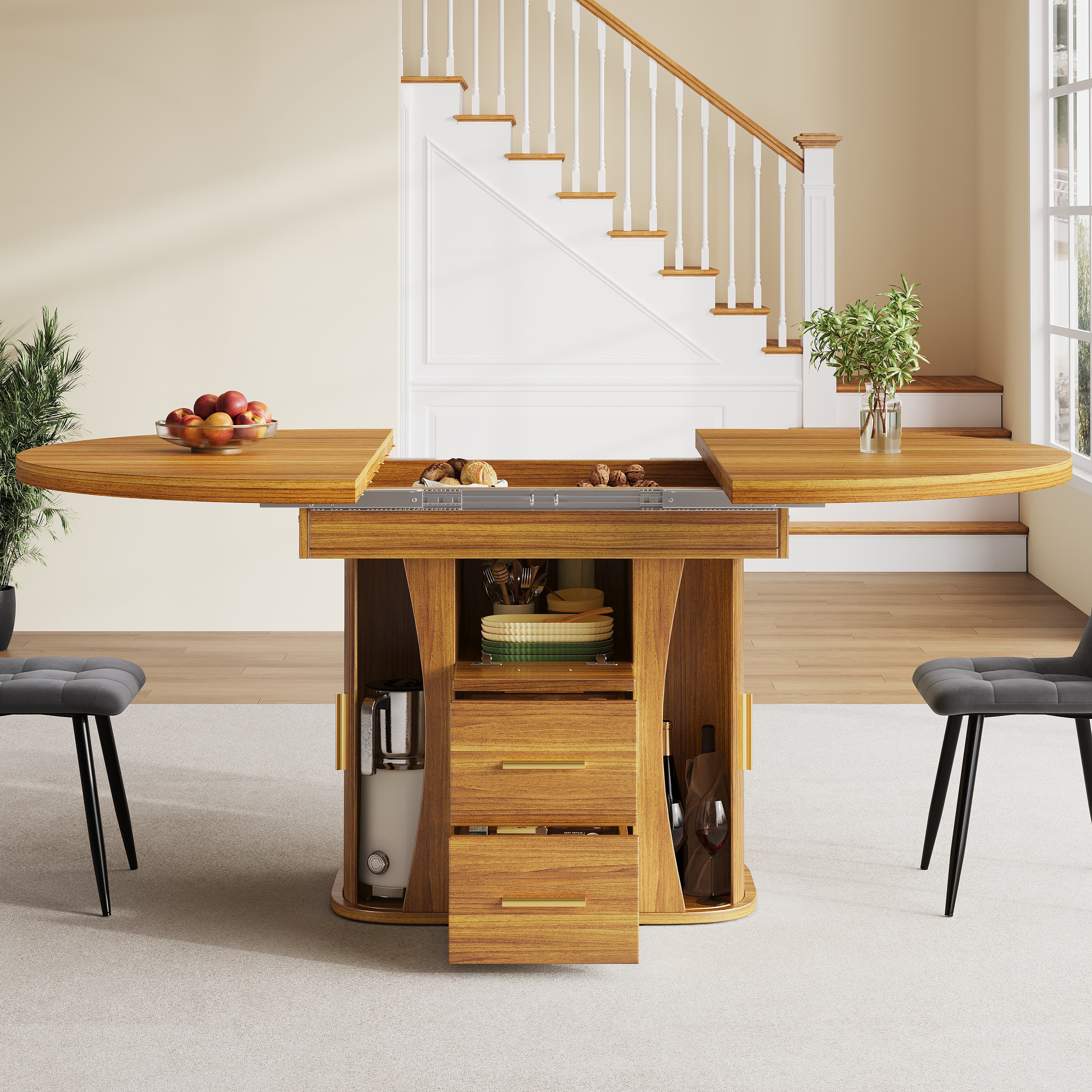 Round to Oval Extendable Dining Table in a Walnut Finish - image 3
