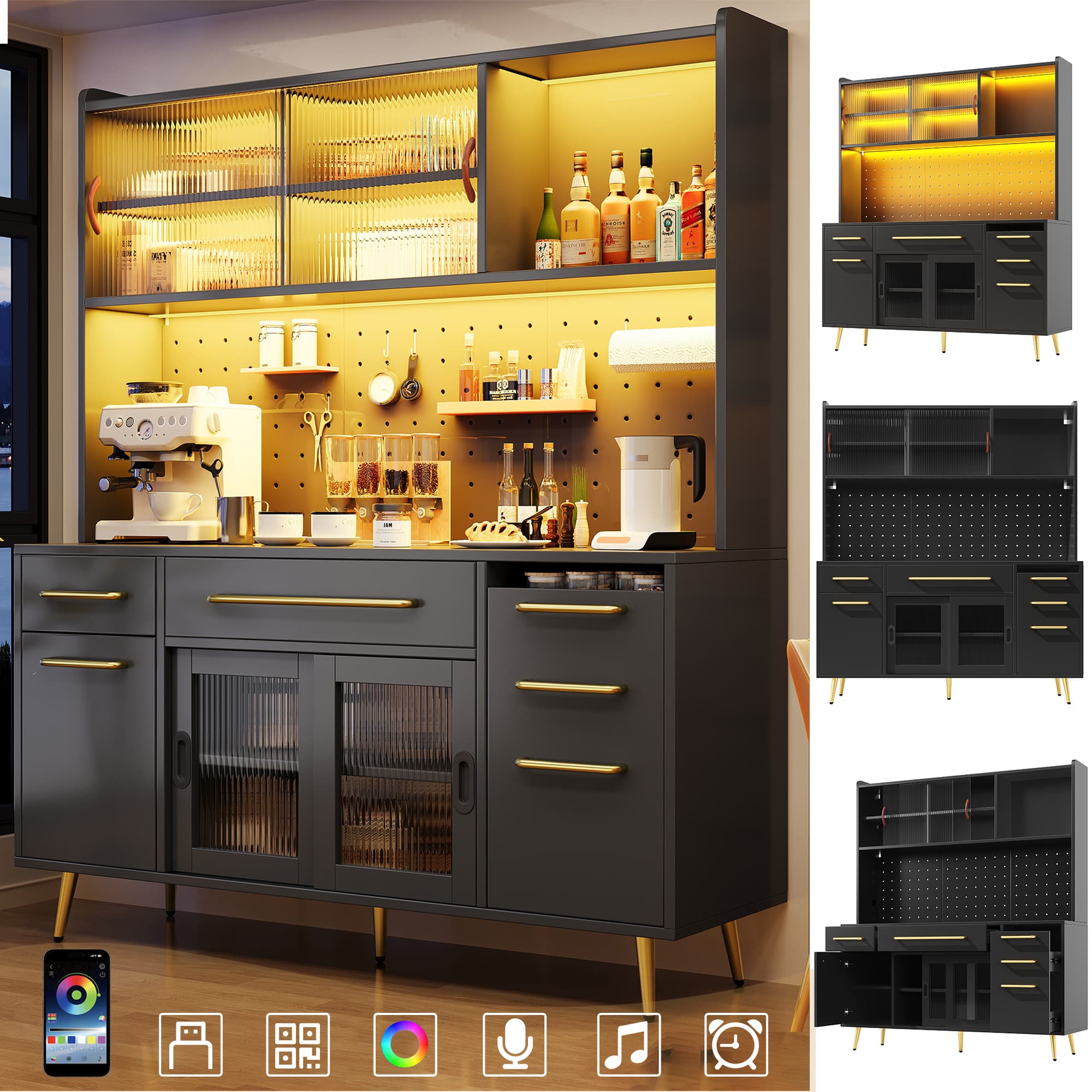 Black Highboard Cabinet with LED Lights, Drawer & Glass Shelves