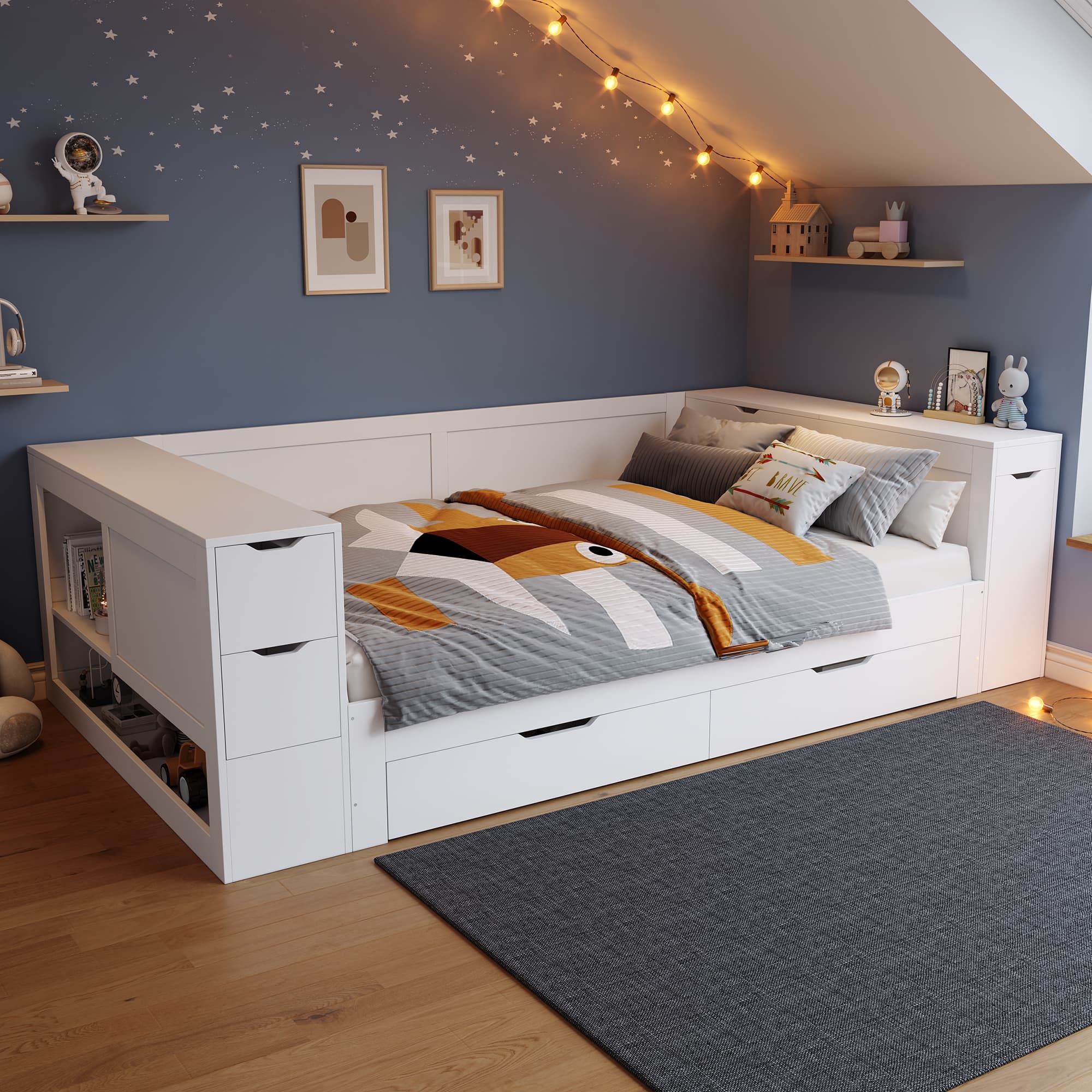 Children's White Storage Bed (135x190cm) with Drawers & Shelves - image 1