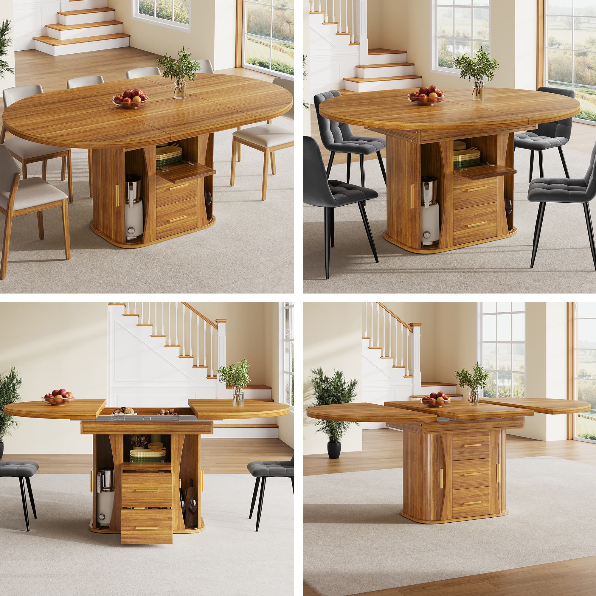 Round to Oval Extendable Dining Table in a Walnut Finish - Walnut