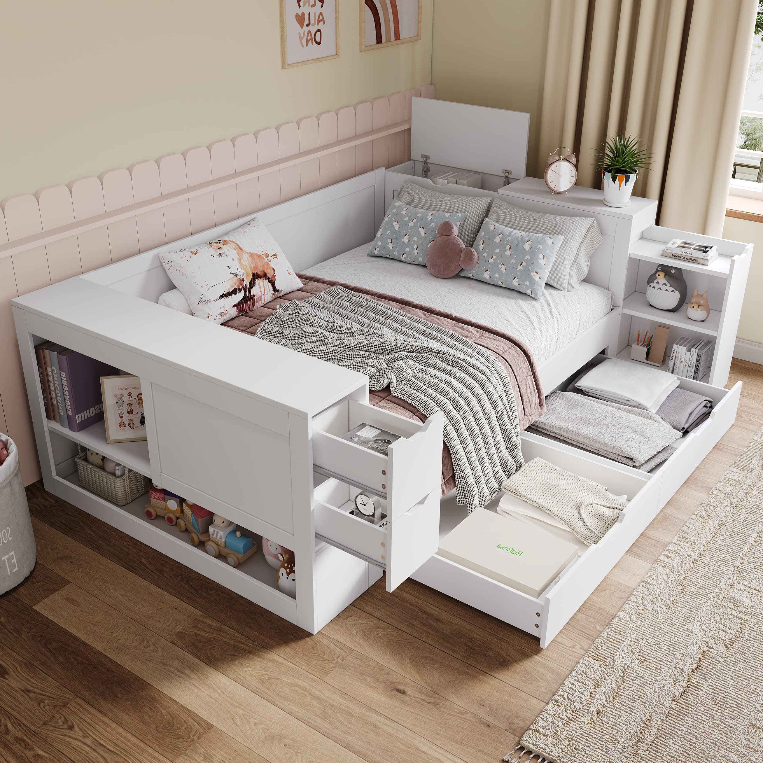 Children's White Storage Bed (135x190cm) with Drawers & Shelves - image 4