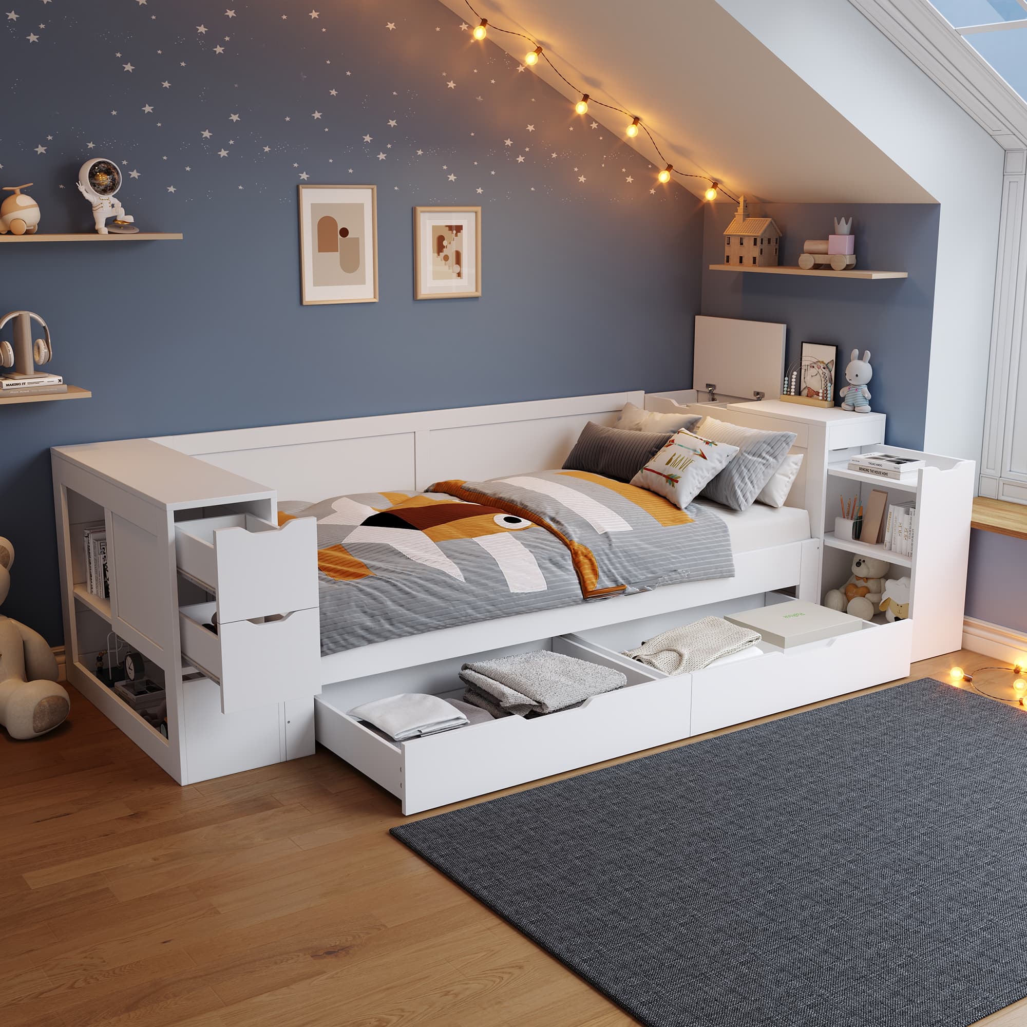 White Kids' Single Bed with Integrated Storage (3ft / 90x190cm)
