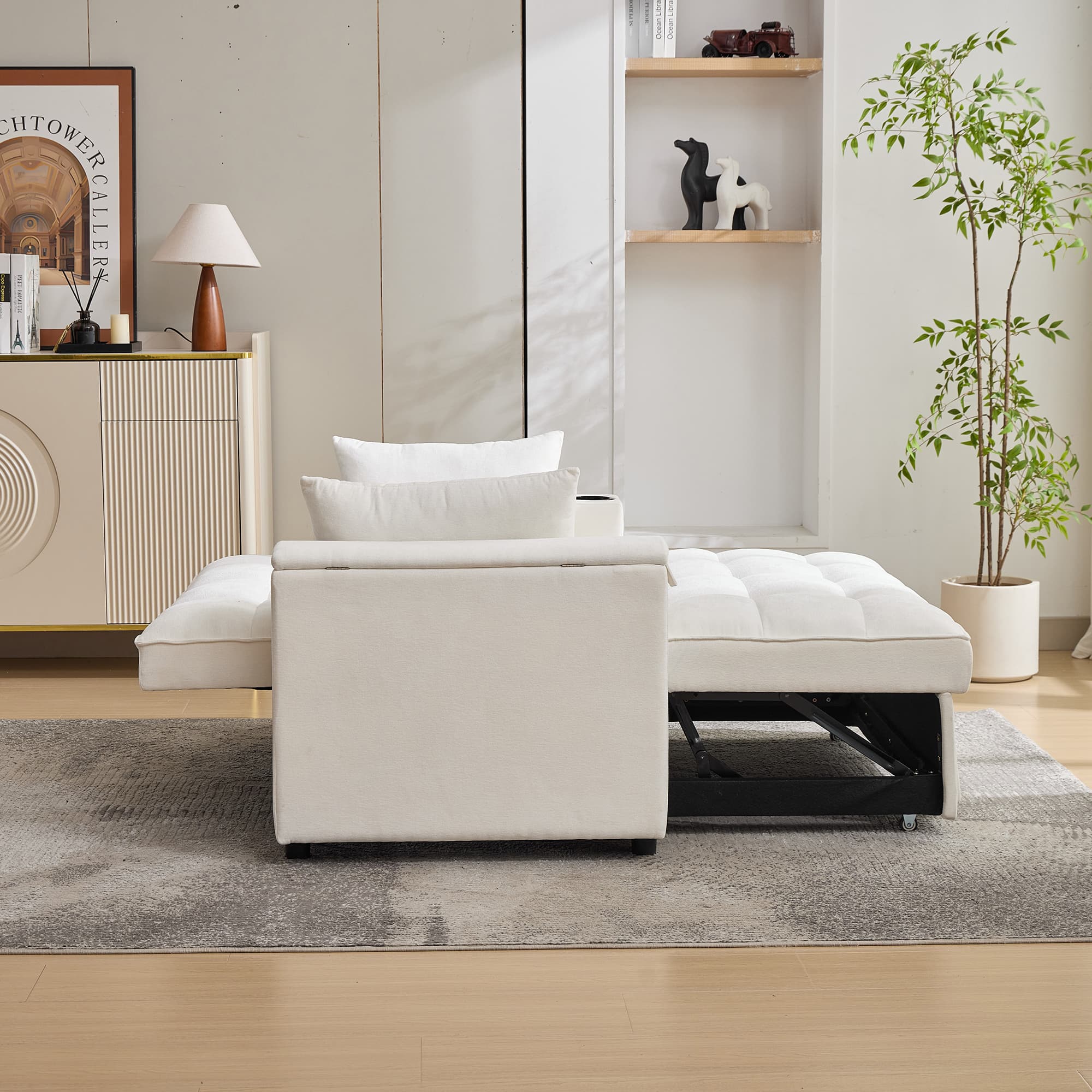 Beige 2 Seater Sofa Bed with USB Ports and Pull-Down Table - image 2
