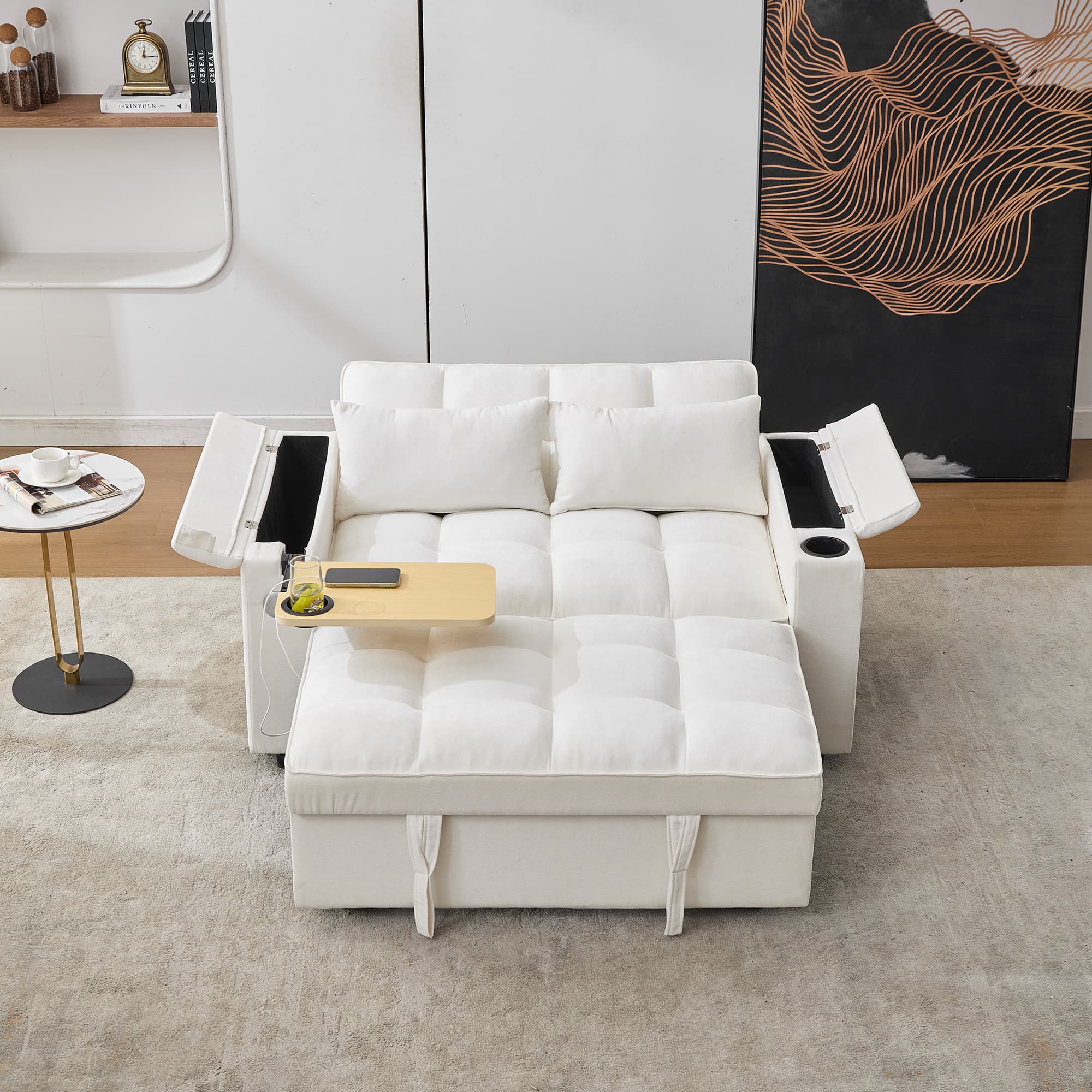 Beige 2 Seater Sofa Bed with USB Ports and Pull-Down Table - image 4