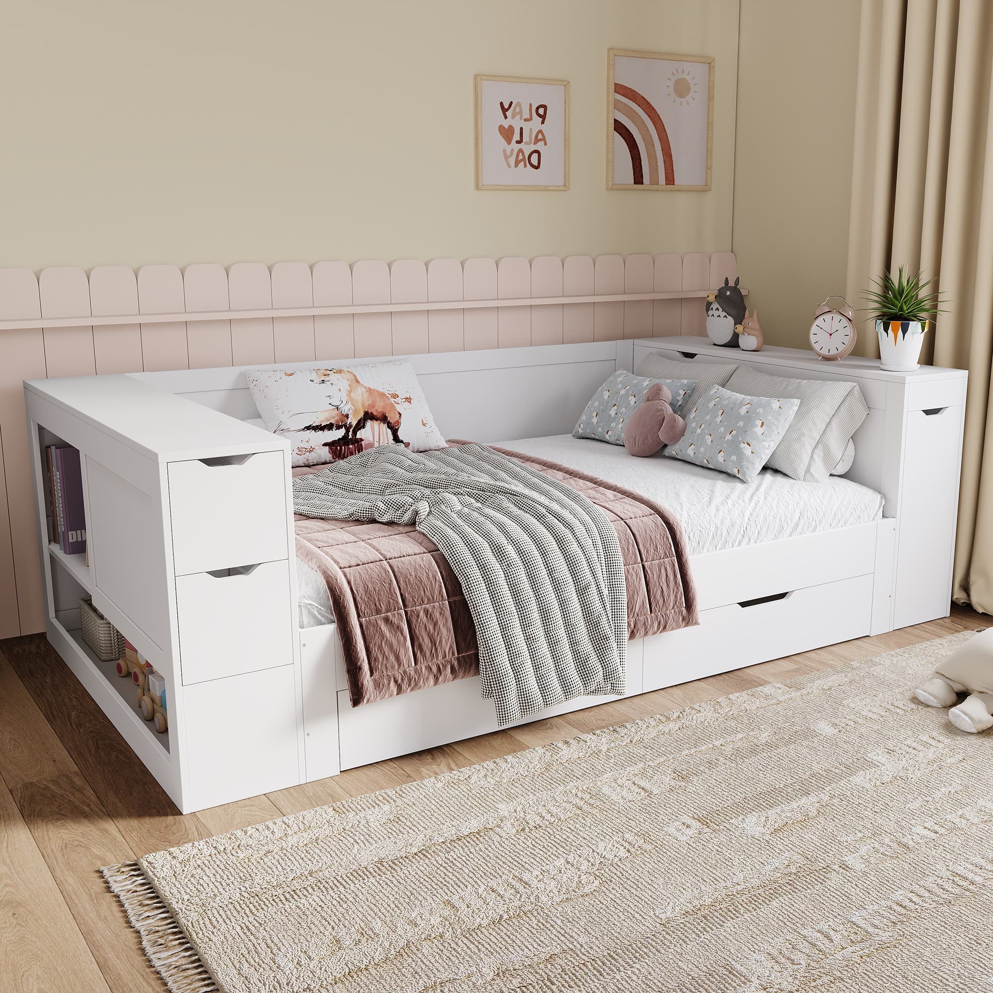 Children's White Storage Bed (135x190cm) with Drawers & Shelves - image 2