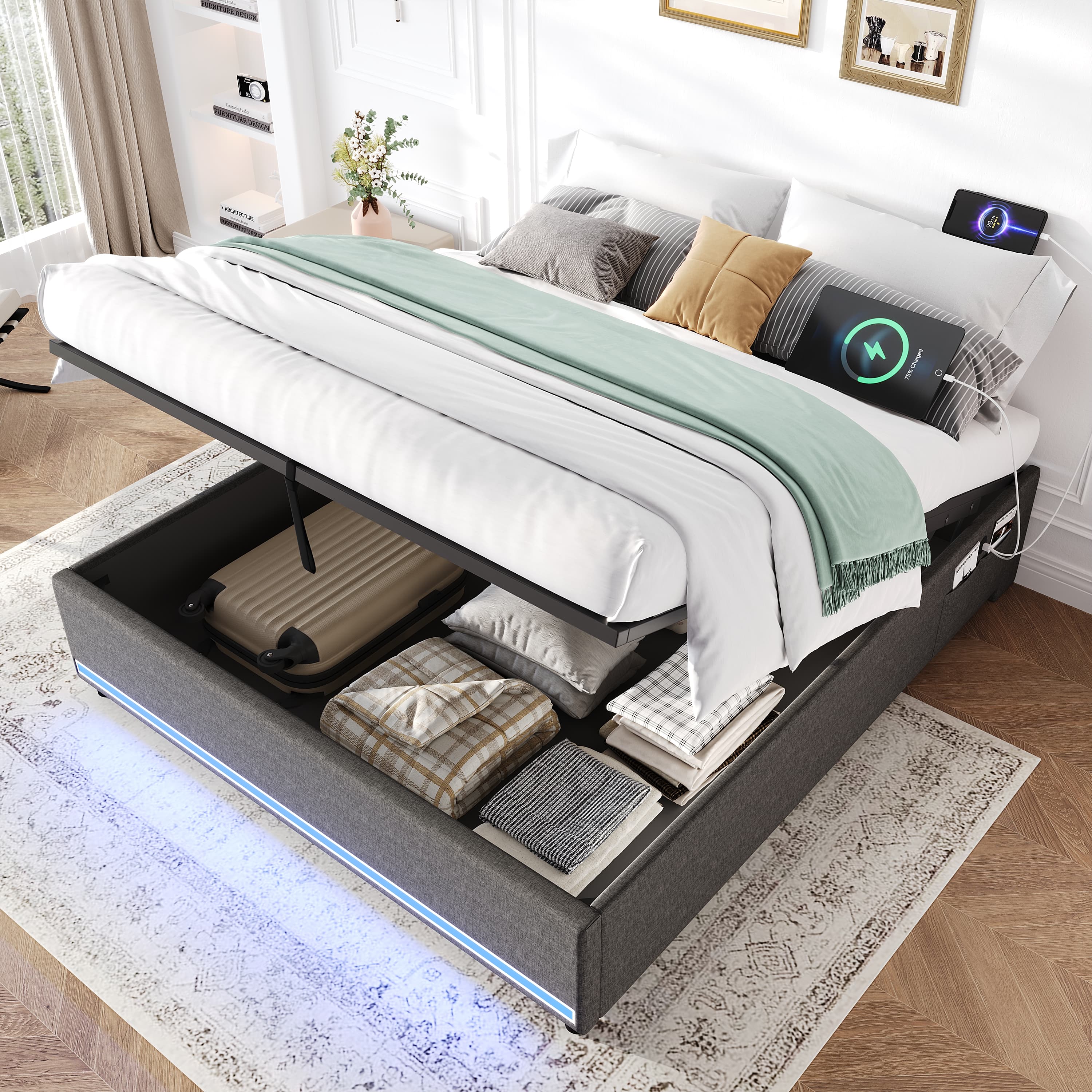Modern Double Bed Frame with Hydraulic Storage, LEDs & USB - image 5
