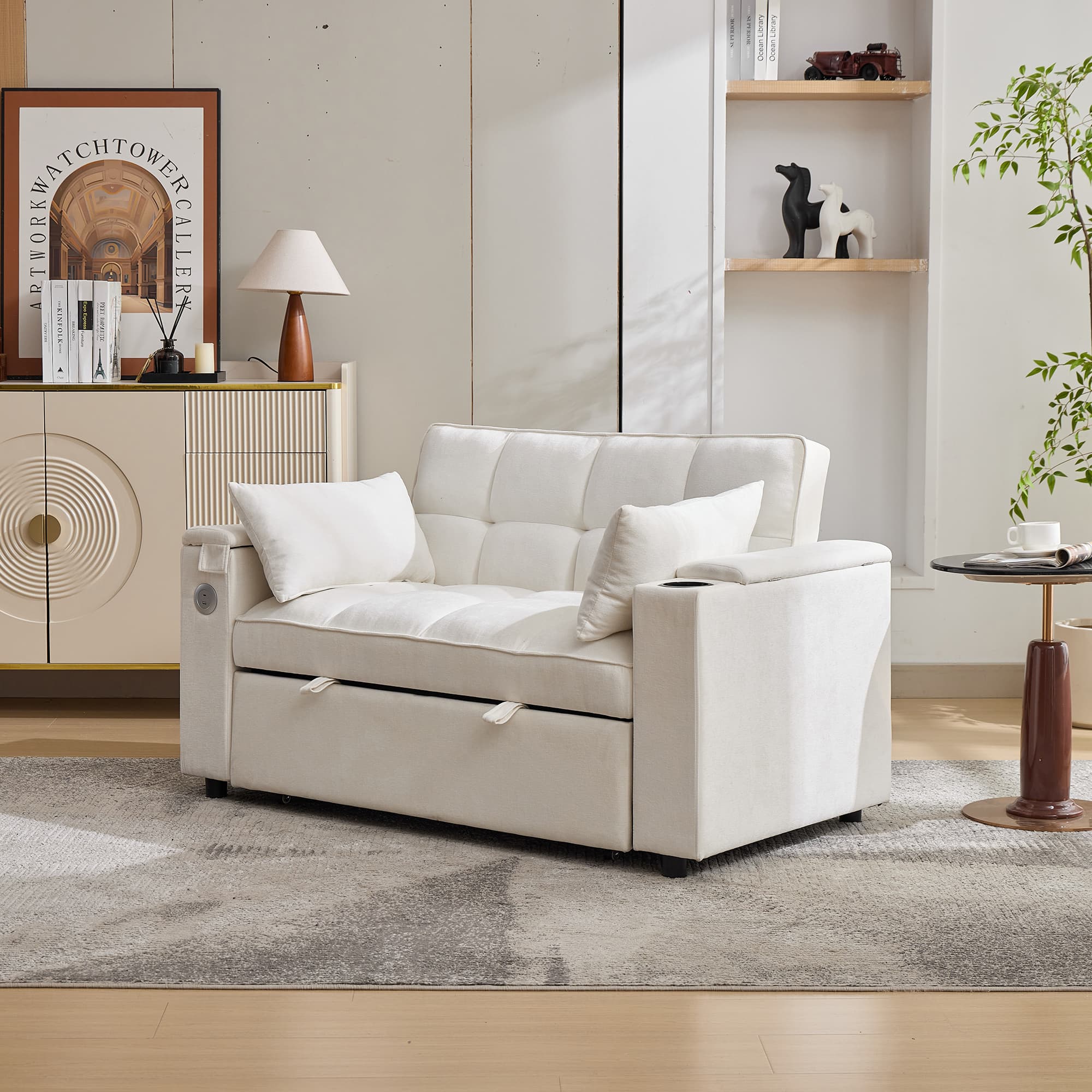 Beige 2 Seater Sofa Bed with USB Ports and Pull-Down Table - image 5