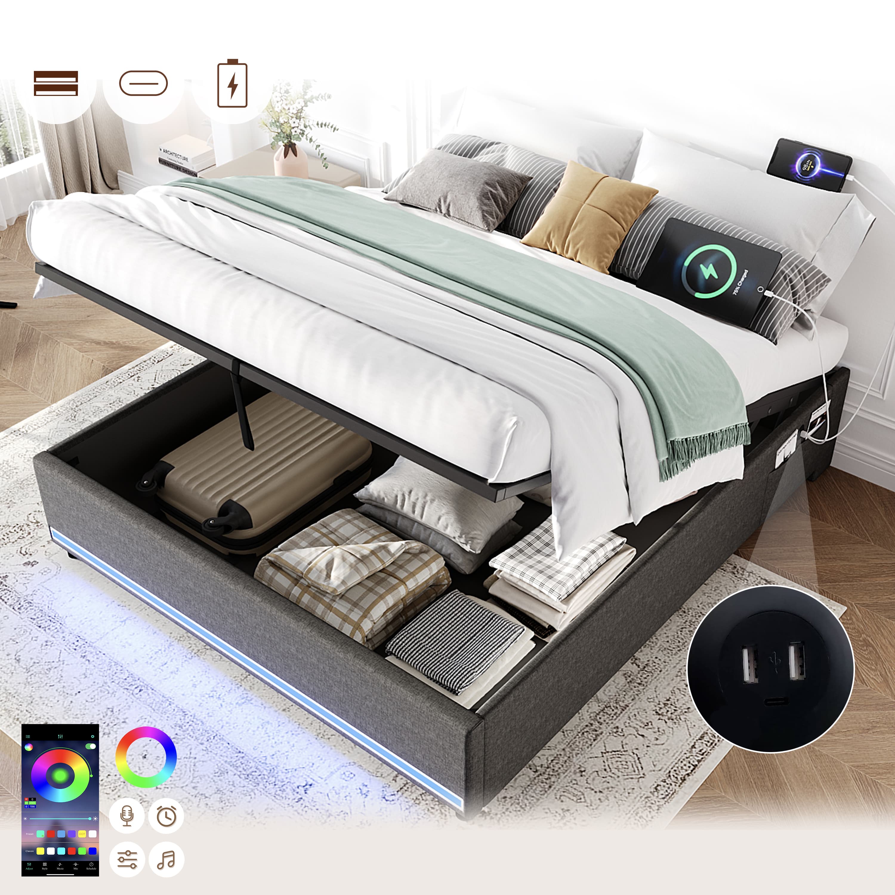 Modern Double Bed Frame with Hydraulic Storage, LEDs & USB