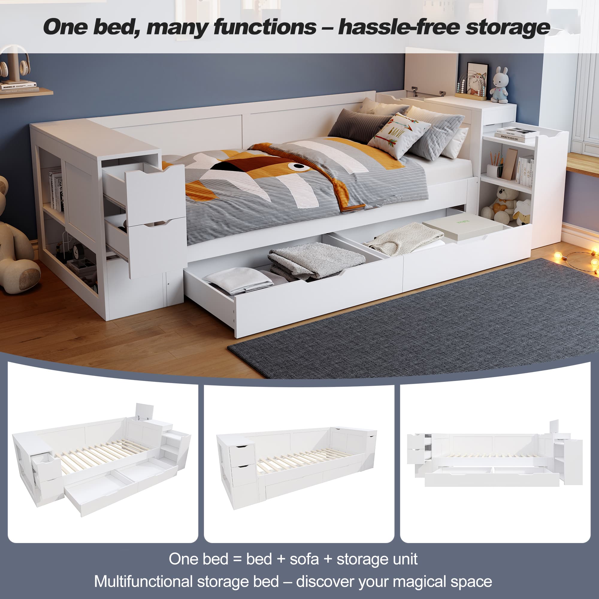 White Kids' Single Bed with Integrated Storage (3ft / 90x190cm) - image 5