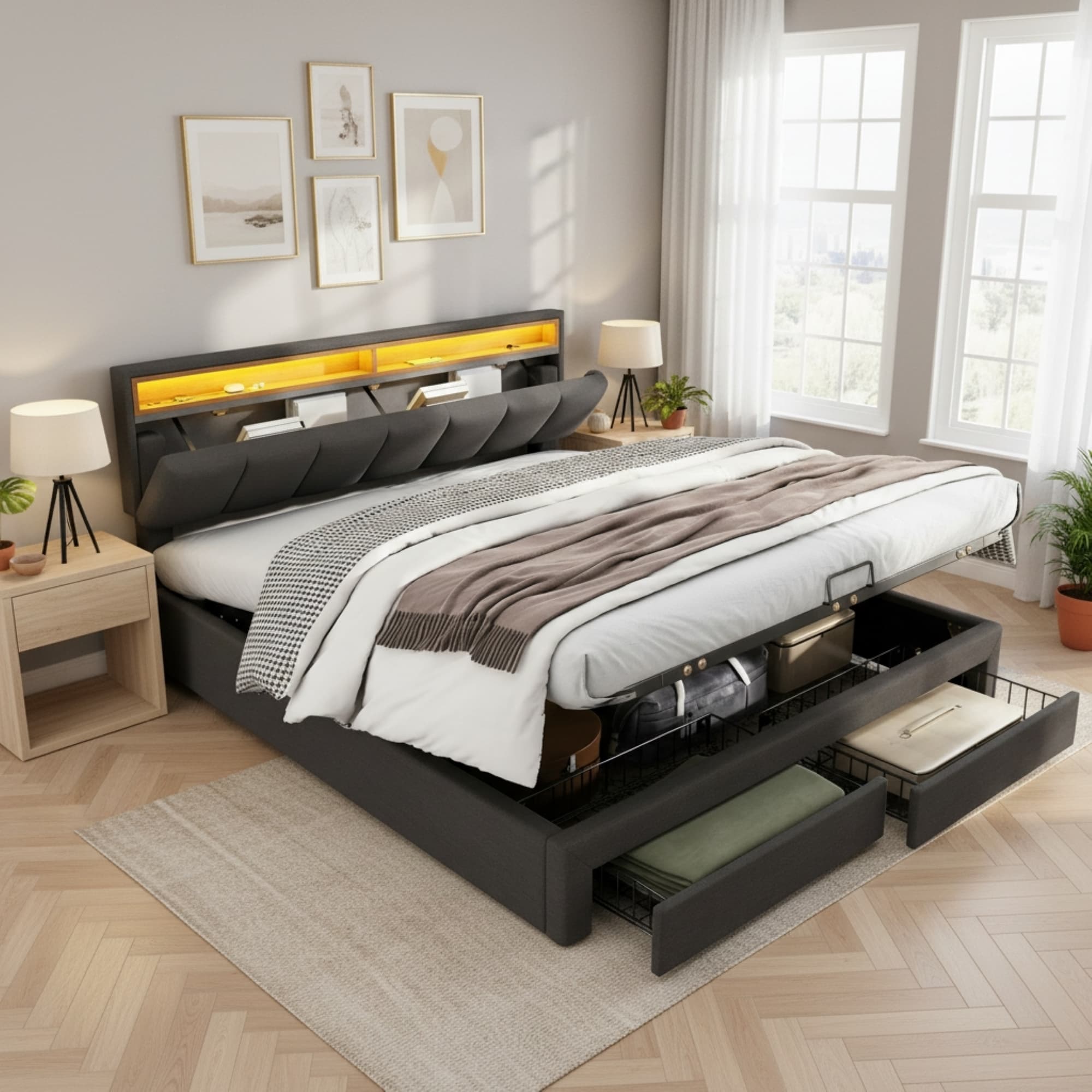 Upholstered Double Ottoman Bed with LED Lighting and Storage Drawers (4ft6) - Grey